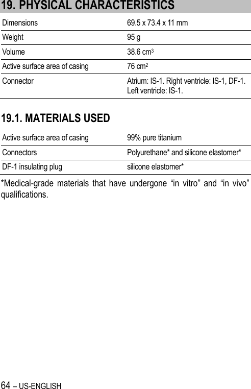 64 – US-ENGLISH 19. PHYSICAL CHARACTERISTICS Dimensions 69.5 x 73.4 x 11 mm Weight 95 g Volume 38.6 cm3 Active surface area of casing 76 cm2 Connector Atrium: IS-1. Right ventricle: IS-1, DF-1. Left ventricle: IS-1.  19.1. MATERIALS USED Active surface area of casing 99% pure titanium Connectors Polyurethane* and silicone elastomer* DF-1 insulating plug silicone elastomer* *Medical-grade  materials  that  have  undergone  “in  vitro”  and  “in  vivo” qualifications. 