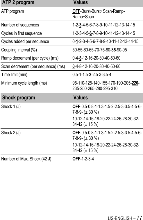 US-ENGLISH – 77 ATP 2 program Values ATP program OFF-Burst-Burst+Scan-Ramp-Ramp+Scan Number of sequences 1-2-3-4-5-6-7-8-9-10-11-12-13-14-15 Cycles in first sequence 1-2-3-4-5-6-7-8-9-10-11-12-13-14-15 Cycles added per sequence 0-1-2-3-4-5-6-7-8-9-10-11-12-13-14-15 Coupling interval (%) 50-55-60-65-70-75-80-85-90-95 Ramp decrement (per cycle) (ms) 0-4-8-12-16-20-30-40-50-60 Scan decrement (per sequence) (ms) 0-4-8-12-16-20-30-40-50-60 Time limit (min) 0.5-1-1.5-2-2.5-3-3.5-4 Minimum cycle length (ms) 95-110-125-140-155-170-190-205-220-235-250-265-280-295-310 Shock program Values Shock 1 (J) OFF-0.5-0.8-1-1.3-1.5-2-2.5-3-3.5-4-5-6-7-8-9- (± 30 %) 10-12-14-16-18-20-22-24-26-28-30-32-34-42 (± 15 %) Shock 2 (J) OFF-0.5-0.8-1-1.3-1.5-2-2.5-3-3.5-4-5-6-7-8-9- (± 30 %) 10-12-14-16-18-20-22-24-26-28-30-32-34-42 (± 15 %) Number of Max. Shock (42 J) OFF-1-2-3-4 