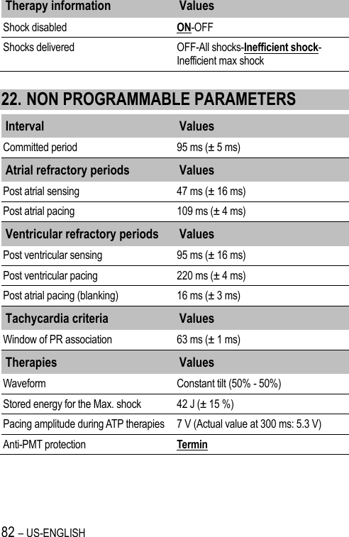 82 – US-ENGLISH Therapy information Values Shock disabled ON-OFF Shocks delivered OFF-All shocks-Inefficient shock-Inefficient max shock 22. NON PROGRAMMABLE PARAMETERS Interval Values Committed period 95 ms (± 5 ms) Atrial refractory periods Values Post atrial sensing 47 ms (± 16 ms) Post atrial pacing 109 ms (± 4 ms) Ventricular refractory periods Values Post ventricular sensing 95 ms (± 16 ms) Post ventricular pacing 220 ms (± 4 ms) Post atrial pacing (blanking) 16 ms (± 3 ms) Tachycardia criteria Values Window of PR association 63 ms (± 1 ms) Therapies Values Waveform Constant tilt (50% - 50%) Stored energy for the Max. shock 42 J (± 15 %) Pacing amplitude during ATP therapies 7 V (Actual value at 300 ms: 5.3 V) Anti-PMT protection Termin 