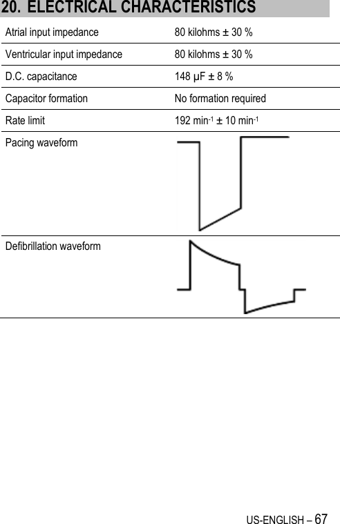 US-ENGLISH – 67 20. ELECTRICAL CHARACTERISTICS Atrial input impedance 80 kilohms ± 30 % Ventricular input impedance 80 kilohms ± 30 % D.C. capacitance 148 µF ± 8 % Capacitor formation No formation required Rate limit 192 min-1 ± 10 min-1 Pacing waveform  Defibrillation waveform  