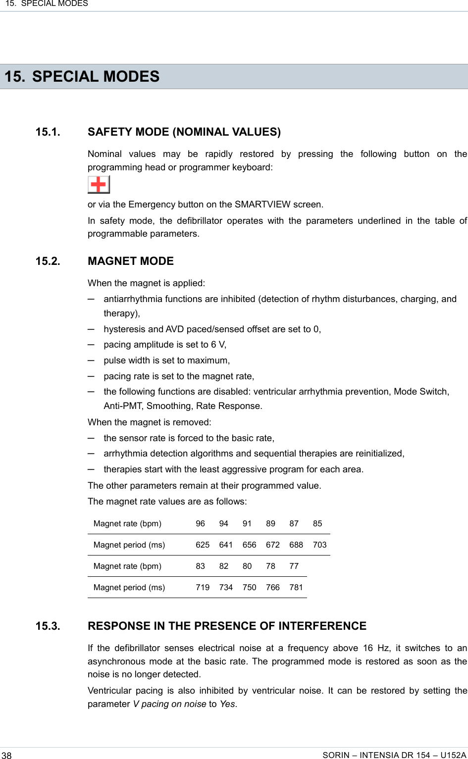  15.  SPECIAL MODES 15. SPECIAL MODES15.1. SAFETY MODE (NOMINAL VALUES)Nominal   values   may   be   rapidly   restored   by   pressing   the   following   button   on   the programming head or programmer keyboard:or via the Emergency button on the SMARTVIEW screen.In  safety  mode,  the  defibrillator   operates  with the  parameters  underlined  in  the  table of programmable parameters.15.2. MAGNET MODEWhen the magnet is applied:─antiarrhythmia functions are inhibited (detection of rhythm disturbances, charging, and therapy),─hysteresis and AVD paced/sensed offset are set to 0,─pacing amplitude is set to 6 V,─pulse width is set to maximum,─pacing rate is set to the magnet rate,─the following functions are disabled: ventricular arrhythmia prevention, Mode Switch, Anti-PMT, Smoothing, Rate Response.When the magnet is removed:─the sensor rate is forced to the basic rate,─arrhythmia detection algorithms and sequential therapies are reinitialized,─therapies start with the least aggressive program for each area.The other parameters remain at their programmed value.The magnet rate values are as follows:Magnet rate (bpm) 96 94 91 89 87 85Magnet period (ms) 625 641 656 672 688 703Magnet rate (bpm) 83 82 80 78 77Magnet period (ms) 719 734 750 766 78115.3. RESPONSE IN THE PRESENCE OF INTERFERENCEIf  the defibrillator  senses  electrical  noise at a frequency  above 16 Hz, it switches to  an asynchronous mode at the basic rate. The programmed mode is restored as soon as the noise is no longer detected.Ventricular pacing is also inhibited by ventricular noise. It can be restored by setting the parameter V pacing on noise to Yes.38 SORIN – INTENSIA DR 154 – U152A