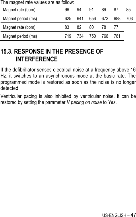 US-ENGLISH – 47 The magnet rate values are as follow: Magnet rate (bpm) 96 94 91 89 87 85 Magnet period (ms) 625 641 656 672 688 703 Magnet rate (bpm) 83 82 80 78 77 Magnet period (ms) 719 734 750 766 781 15.3. RESPONSE IN THE PRESENCE OF INTERFERENCE If the defibrillator senses electrical noise at a frequency above 16 Hz,  it switches  to  an asynchronous mode  at the basic rate.  The programmed mode is restored as soon as the noise is no longer detected. Ventricular  pacing  is  also  inhibited  by  ventricular  noise.  It  can  be restored by setting the parameter V pacing on noise to Yes. 