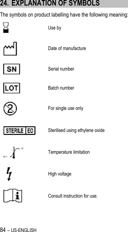 84 – US-ENGLISH 24. EXPLANATION OF SYMBOLS The symbols on product labelling have the following meaning:  Use by  Date of manufacture  Serial number  Batch number  For single use only  Sterilised using ethylene oxide  Temperature limitation  High voltage  Consult instruction for use. 