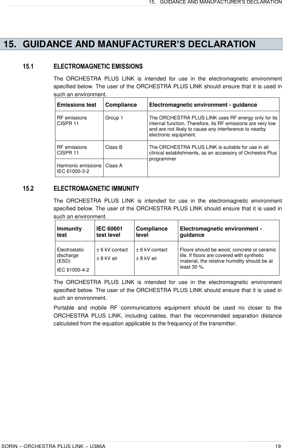 15. GUIDANCE AND MANUFACTURER’S DECLARATION  SORIN – ORCHESTRA PLUS LINK – U386A 19   15.  GUIDANCE AND MANUFACTURER’S DECLARATION  15.1 ELECTROMAGNETIC EMISSIONS The  ORCHESTRA  PLUS  LINK  is  intended  for  use  in  the  electromagnetic  environment specified below. The user of the ORCHESTRA PLUS LINK should ensure that it is used in such an environment. Emissions test Compliance Electromagnetic environment - guidance RF emissions CISPR 11 Group 1 The ORCHESTRA PLUS LINK uses RF energy only for its internal function. Therefore, its RF emissions are very low and are not likely to cause any interference to nearby electronic equipment. RF emissions CISPR 11 Class B The ORCHESTRA PLUS LINK is suitable for use in all clinical establishments, as an accessory of Orchestra Plus programmer Harmonic emissions IEC 61000-3-2 Class A 15.2 ELECTROMAGNETIC IMMUNITY The  ORCHESTRA  PLUS  LINK  is  intended  for  use  in  the  electromagnetic  environment specified below. The user of the ORCHESTRA PLUS LINK should ensure that it is used in such an environment. Immunity test IEC 60601 test level Compliance level Electromagnetic environment - guidance Electrostatic discharge (ESD) IEC 61000-4-2 ± 6 kV contact ± 8 kV air ± 6 kV contact ± 8 kV air Floors should be wood, concrete or ceramic tile. If floors are covered with synthetic material, the relative humidity should be at least 30 %. The  ORCHESTRA  PLUS  LINK  is  intended  for  use  in  the  electromagnetic  environment specified below. The user of the ORCHESTRA PLUS LINK should ensure that it is used in such an environment. Portable  and  mobile  RF  communications  equipment  should  be  used  no  closer  to  the ORCHESTRA  PLUS  LINK,  including  cables,  than  the  recommended  separation  distance calculated from the equation applicable to the frequency of the transmitter. 