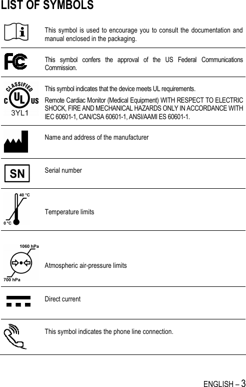   ENGLISH – 3 LIST OF SYMBOLS   This symbol is  used to encourage  you to consult the  documentation  and manual enclosed in the packaging.  This  symbol  confers  the  approval  of  the  US  Federal  Communications Commission.  This symbol indicates that the device meets UL requirements. Remote Cardiac Monitor (Medical Equipment) WITH RESPECT TO ELECTRIC SHOCK, FIRE AND MECHANICAL HAZARDS ONLY IN ACCORDANCE WITH IEC 60601-1, CAN/CSA 60601-1, ANSI/AAMI ES 60601-1.   Name and address of the manufacturer  Serial number     Temperature limits     Atmospheric air-pressure limits  Direct current   This symbol indicates the phone line connection.  