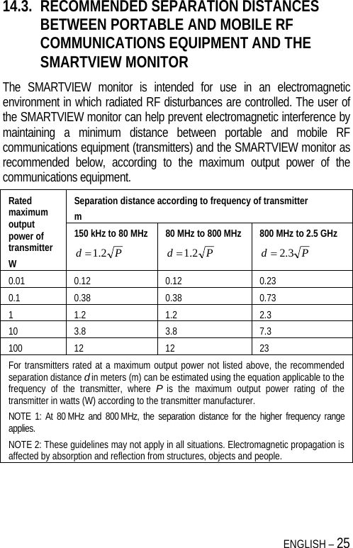  ENGLISH – 25 14.3. RECOMMENDED SEPARATION DISTANCES BETWEEN PORTABLE AND MOBILE RF COMMUNICATIONS EQUIPMENT AND THE SMARTVIEW MONITOR The SMARTVIEW monitor is intended for use in an electromagnetic environment in which radiated RF disturbances are controlled. The user of the SMARTVIEW monitor can help prevent electromagnetic interference by maintaining a minimum distance between portable and mobile RF communications equipment (transmitters) and the SMARTVIEW monitor as recommended below, according to the maximum output power of the communications equipment. Rated maximum output power of transmitter W Separation distance according to frequency of transmitter m 150 kHz to 80 MHz Pd 2.1 80 MHz to 800 MHz Pd 2.1 800 MHz to 2.5 GHz Pd 3.2 0.01 0.12  0.12  0.23 0.1 0.38  0.38  0.73 1 1.2  1.2  2.3 10 3.8  3.8  7.3 100 12  12  23 For transmitters rated at a maximum output power not listed above, the recommended separation distance d in meters (m) can be estimated using the equation applicable to the frequency of the transmitter, where P is the maximum output power rating of the transmitter in watts (W) according to the transmitter manufacturer. NOTE 1: At 80 MHz and 800 MHz, the separation distance for the higher frequency range applies. NOTE 2: These guidelines may not apply in all situations. Electromagnetic propagation is affected by absorption and reflection from structures, objects and people.   