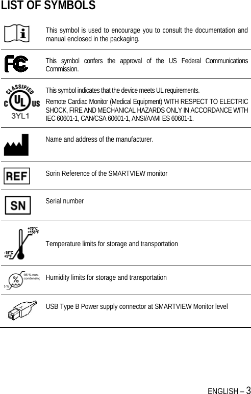  ENGLISH – 3 LIST OF SYMBOLS   This symbol is used to encourage you to consult the documentation and manual enclosed in the packaging.  This symbol confers the approval of the US Federal Communications Commission.  This symbol indicates that the device meets UL requirements. Remote Cardiac Monitor (Medical Equipment) WITH RESPECT TO ELECTRIC SHOCK, FIRE AND MECHANICAL HAZARDS ONLY IN ACCORDANCE WITH IEC 60601-1, CAN/CSA 60601-1, ANSI/AAMI ES 60601-1.   Name and address of the manufacturer.  Sorin Reference of the SMARTVIEW monitor  Serial number    Temperature limits for storage and transportation   Humidity limits for storage and transportation  USB Type B Power supply connector at SMARTVIEW Monitor level 
