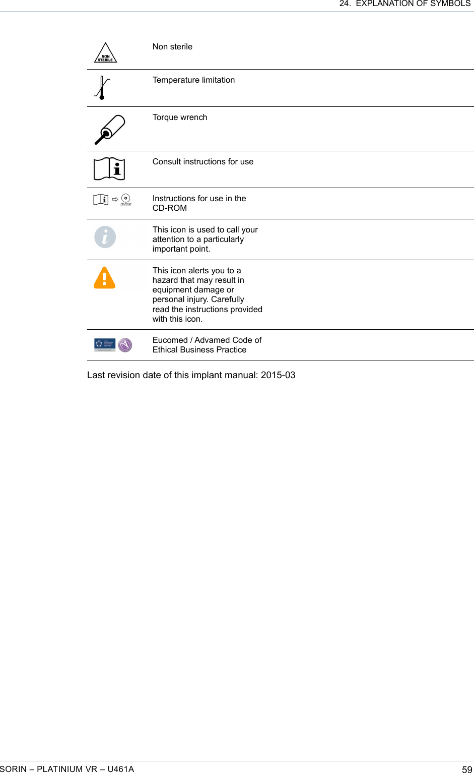  24.  EXPLANATION OF SYMBOLSNon sterileTemperature limitationTorque wrenchConsult instructions for useInstructions for use in the CD-ROMThis icon is used to call your attention to a particularly important point.This icon alerts you to a hazard that may result in equipment damage or personal injury. Carefully read the instructions provided with this icon.Eucomed / Advamed Code of Ethical Business PracticeLast revision date of this implant manual: 2015-03SORIN – PLATINIUM VR – U461A 59