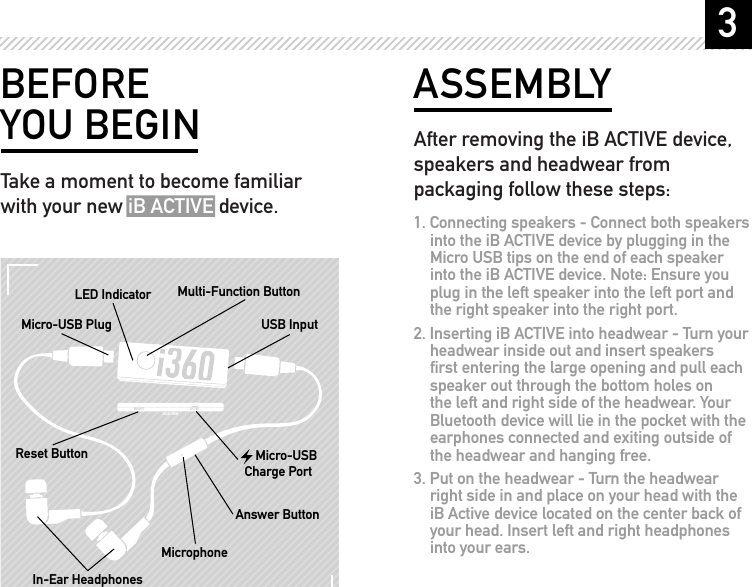3BEFORE YOU BEGINTake a moment to become familiar with your new iB ACTIVE device.RESET DC IN SIDE VIEWMulti-Function ButtonIn-Ear HeadphonesReset ButtonUSB InputMicro-USB PlugLED IndicatorAnswer ButtonMicrophone     Micro-USB Charge PortASSEMBLYAfter removing the iB ACTIVE device, speakers and headwear from packaging follow these steps:1. Connecting speakers - Connect both speakers into the iB ACTIVE device by plugging in the Micro USB tips on the end of each speaker into the iB ACTIVE device. Note: Ensure you plug in the left speaker into the left port and the right speaker into the right port.2. Inserting iB ACTIVE into headwear - Turn your headwear inside out and insert speakers ﬁrst entering the large opening and pull each speaker out through the bottom holes on the left and right side of the headwear. Your Bluetooth device will lie in the pocket with the earphones connected and exiting outside of the headwear and hanging free.3. Put on the headwear - Turn the headwear right side in and place on your head with the iB Active device located on the center back of your head. Insert left and right headphones into your ears.