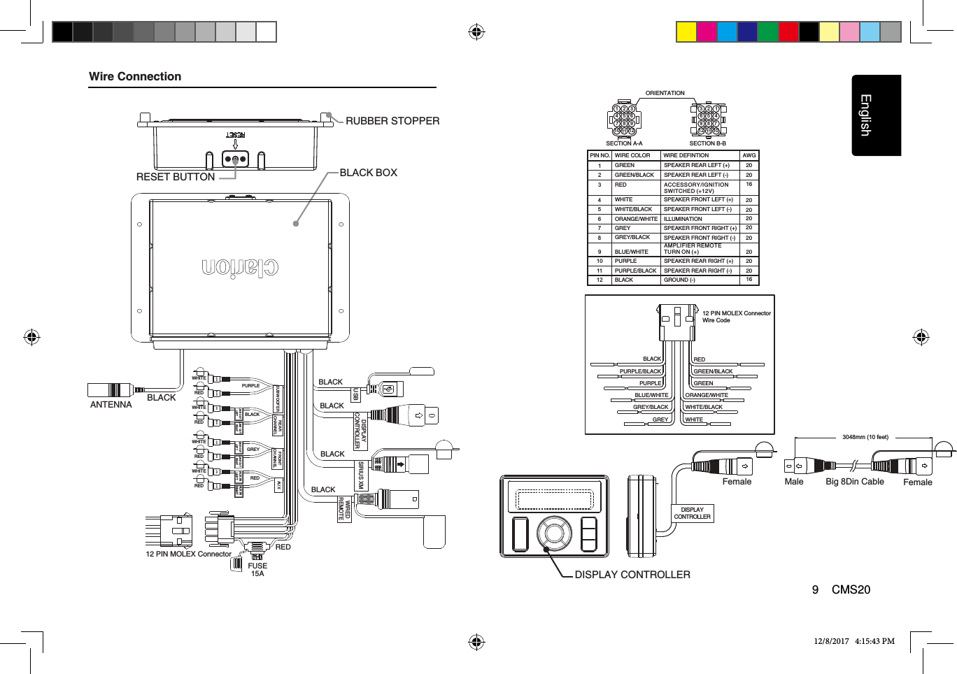 12/8/2017   4:15:43 PMEnglish9    CMS20Wire ConnectionBLACK BOXRESET BUTTONRUBBER STOPPERL-CH R-CH L-CH R-CH L-CHWHITER-CHREDAUX REAR CHANNELSUBWOOFERDISPLAY CONTROLLERFUSE15AREDL-CH R-CHFRONT CHANNELAUX INLEFTAUX INRIGHTLINE OUTLEFTLINE OUTLEFTLINE OUTRIGHTLINE OUTRIGHTUSB   SIRIUS XM   WIRED   REMOTE 12 PIN MOLEX ConnectorANTENNA BLACKBLACKBLACKBLACKBLACKBLACKPURPLEGREYREDWHITEREDWHITEREDWHITEREDDISPLAY CONTROLLER147102581136912147102581136912ORIENTATION3048mm (10 feet)SECTION A-A SECTION B-B171211109845632GREENPIN NO. WIRE DEFINTIONWIRE COLOR AWGSPEAKER REAR LEFT (+)GREEN/BLACKREDWHITEWHITE/BLACKORANGE/WHITEGREYGREY/BLACKBLUE/WHITEPURPLEPURPLE/BLACKBLACKSPEAKER REAR LEFT (-)ACCESSORY/IGNITION SWITCHED (+12V)SPEAKER FRONT LEFT (+)SPEAKER FRONT LEFT (-)ILLUMINATIONSPEAKER FRONT RIGHT (+)SPEAKER FRONT RIGHT (-)SPEAKER REAR RIGHT (+)SPEAKER REAR RIGHT (-)AMPLIFIER REMOTE TURN ON (+)GROUND (-)20201616202020202020202012 PIN MOLEX ConnectorWire CodeBLACKPURPLE/BLACKPURPLEBLUE/WHITEGREY/BLACKGREY WHITEWHITE/BLACKORANGE/WHITEGREENGREEN/BLACKREDFemale Male Big 8Din CableDISPLAY CONTROLLERFemale