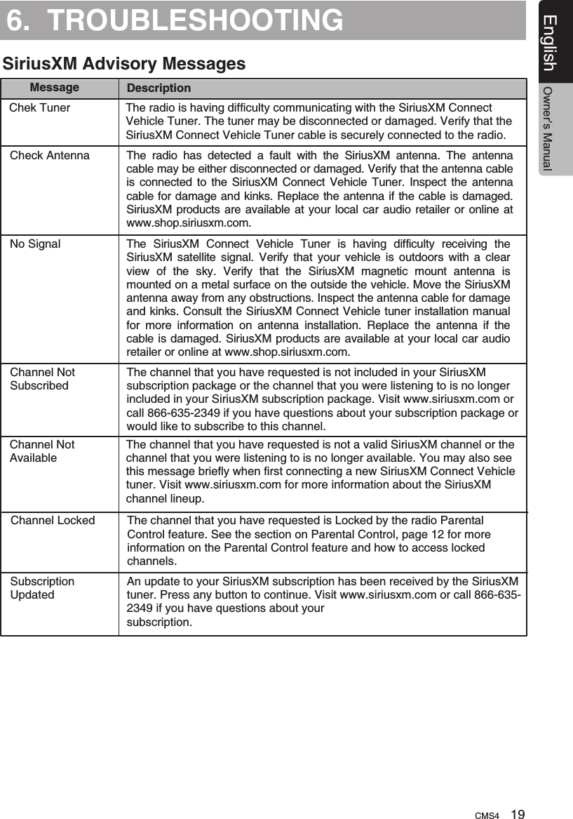 English Owner’s Manual6.  TROUBLESHOOTINGMessageChek TunerChannel Not SubscribedCheck AntennaChannel Not AvailableNo SignalChannel LockedSubscription UpdatedThe  radio  has  detected  a  fault  with  the  SiriusXM  antenna.  The  antenna cable may be either disconnected or damaged. Verify that the antenna cable is connected  to  the SiriusXM  Connect  Vehicle Tuner. Inspect the  antenna cable for damage and kinks. Replace the antenna if the cable is damaged.SiriusXM products are available at your local car audio retailer or online at www.shop.siriusxm.com.The channel that you have requested is not a valid SiriusXM channel or the channel that you were listening to is no longer available. You may also see this message briefly when first connecting a new SiriusXM Connect Vehicle tuner. Visit www.siriusxm.com for more information about the SiriusXMchannel lineup.The  SiriusXM  Connect  Vehicle  Tuner  is  having  difficulty  receiving  the SiriusXM  satellite  signal.  Verify  that  your  vehicle  is  outdoors  with  a  clear view  of  the  sky.  Verify  that  the  SiriusXM  magnetic  mount  antenna  is mounted on a metal surface on the outside the vehicle. Move the SiriusXM antenna away from any obstructions. Inspect the antenna cable for damage and kinks. Consult the SiriusXM Connect Vehicle tuner installation manual for  more  information  on  antenna  installation.  Replace  the  antenna  if  the cable is damaged. SiriusXM products are available at your local car audio retailer or online at www.shop.siriusxm.com.The channel that you have requested is Locked by the radio Parental Control feature. See the section on Parental Control, page 12 for more information on the Parental Control feature and how to access locked channels.An update to your SiriusXM subscription has been received by the SiriusXM tuner. Press any button to continue. Visit www.siriusxm.com or call 866-635-2349 if you have questions about yoursubscription.The radio is having difficulty communicating with the SiriusXM Connect Vehicle Tuner. The tuner may be disconnected or damaged. Verify that the SiriusXM Connect Vehicle Tuner cable is securely connected to the radio.The channel that you have requested is not included in your SiriusXM subscription package or the channel that you were listening to is no longer included in your SiriusXM subscription package. Visit www.siriusxm.com or call 866-635-2349 if you have questions about your subscription package orwould like to subscribe to this channel.DescriptionSiriusXM Advisory MessagesCMS4 19