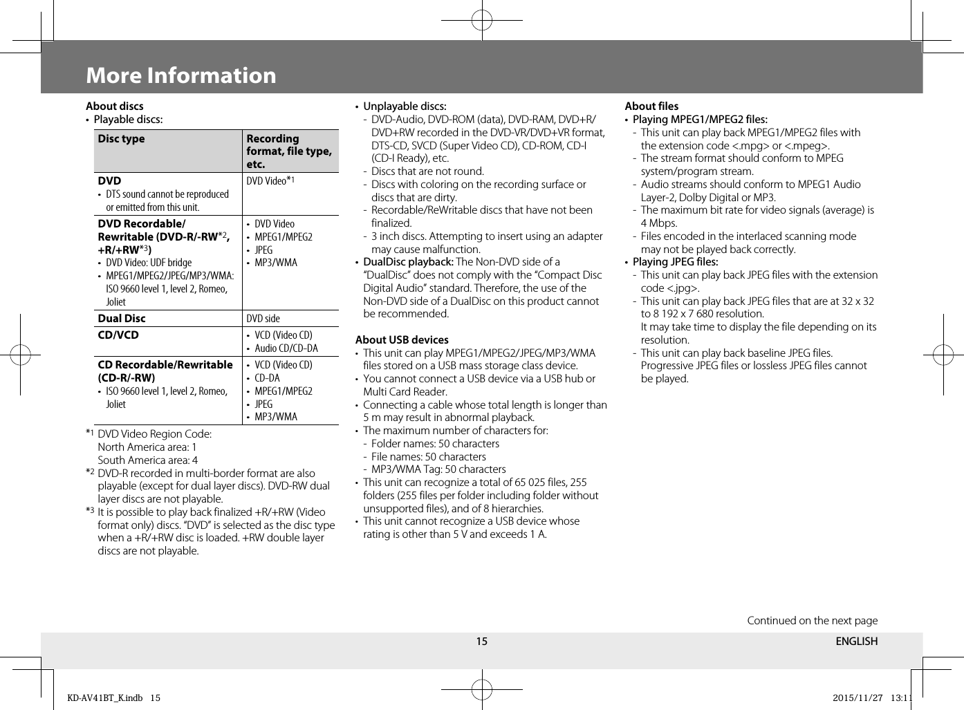 15More Information About  discs• Playable discs :Disc type Recording format, file type, etc.DVD•  DTS sound cannot be reproduced or emitted from this unit.DVD Video*1 DVD Recordable/Rewritable (DVD-R/-RW*2, +R/+RW*3)•  DVD Video: UDF bridge• MPEG1/MPEG2/JPEG/MP3/WMA: ISO 9660 level 1, level 2, Romeo, Joliet• DVD Video• MPEG1/MPEG2• JPEG• MP3/WMADual DiscDVD sideCD/VCD•  VCD (Video CD)• Audio CD/CD-DACD Recordable/Rewritable (CD-R/-RW)•  ISO 9660 level 1, level 2, Romeo, Joliet•  VCD (Video CD)• CD-DA• MPEG1/MPEG2• JPEG• MP3/WMA*1 DVD Video Region Code:  North America area: 1  South America area: 4 * 2 DVD-R recorded in multi-border format are also playable (except for dual layer discs). DVD-RW dual layer discs are not playable.*3 It is possible to play back finalized +R/+RW (Video format only) discs. “DVD” is selected as the disc type when a +R/+RW disc is loaded. +RW double layer discs are not playable.• Unplayable discs :-  DVD-Audio, DVD-ROM (data), DVD-RAM, DVD+R/DVD+RW recorded in the DVD-VR/DVD+VR format, DTS-CD, SVCD (Super Video CD), CD-ROM, CD-I (CD-I Ready), etc.-  Discs that are not round. -  Discs with coloring on the recording surface or discs that are dirty. -  Recordable/ReWritable discs that have not been finalized.-  3 inch  discs. Attempting to insert using an adapter may cause malfunction. • DualDisc playback: The Non-DVD side of a “DualDisc” does not comply with the “Compact Disc Digital Audio” standard. Therefore, the use of the Non-DVD side of a DualDisc on this product cannot be recommended. About USB device s•  This unit can play MPEG1/MPEG2/JPEG/MP3/WMA files stored on a USB mass storage class device.•  You cannot connect a USB device via a USB hub or Multi Card Reader.•  Connecting a cable whose total length is longer than 5 m may result in abnormal playback.•  The maximum number of characters for:-  Folder names: 50 characters-  File names: 50 characters-  MP3/WMA Tag: 50 characters•  This unit can recognize a total of 65 025 files, 255 folders (255 files per folder including folder without unsupported files), and of 8 hierarchies.•  This unit cannot recognize a USB device whose rating is other than 5 V and exceeds 1 A.About files•  Playing MPEG1/MPEG2 files:-  This unit can play back MPEG1/MPEG2 files with the extension code &lt;.mpg&gt; or &lt;.mpeg&gt;.-  The stream format should conform to MPEG system/program stream.-  Audio streams should conform to MPEG1 Audio Layer-2, Dolby Digital or MP3.-  The maximum bit rate for video signals (average) is 4 Mbps.-  Files encoded in the interlaced scanning mode may not be played back correctly.•  Playing JPEG files:-  This unit can play back JPEG files with the extension code &lt;.jpg&gt;.-  This unit can play back JPEG files that are at 32 x 32 to 8 192 x 7 680 resolution.  It may take time to display the file depending on its resolution.-  This unit can play back baseline JPEG files.  Progressive JPEG files or lossless JPEG files cannot be played.Continued on the next pageENGLISHKD-AV41BT_K.indb   15KD-AV41BT_K.indb   15 2015/11/27   13:112015/11/27   13:11