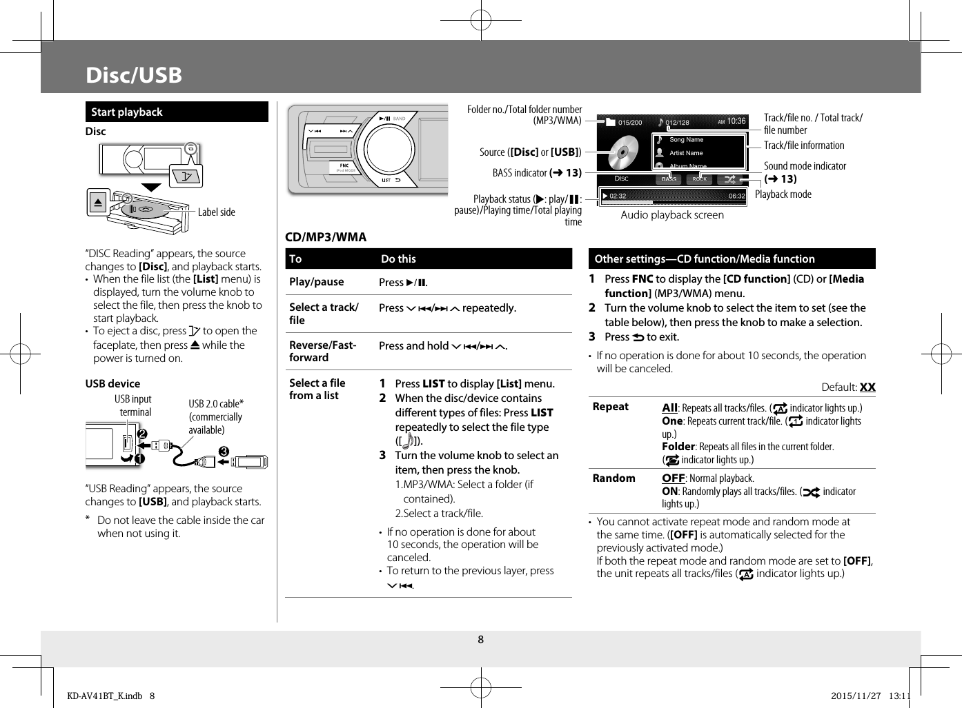 8Disc/USBStart playbackDiscLabel side“DISC Reading” appears, the source changes to [Disc], and playback starts.•  When the file list (the [List] menu) is displayed, turn the volume knob to select the file, then press the knob to start playback.•  To eject a disc, press   to open the faceplate, then press M while the power is turned on.USB deviceUSB input terminal USB 2.0 cable*(commercially available)“USB Reading” appears, the source changes to [USB], and playback starts.* Do not leave the cable inside the car when not using it.To Do thisPlay/pause Press *.Select a track/file Press / repeatedly.Reverse/Fast-forwardPress and hold /.Select a file from a list1  Press LIST to display [List] menu.2  When the disc/device contains different types of files: Press LIST repeatedly to select the file type ([   ]).3  Turn the volume knob to select an item, then press the knob. 1. MP3/WMA: Select a folder (if contained). 2. Select a track/file.•  If no operation is done for about 10 seconds, the operation will be canceled.•  To return to the previous layer, press .Other settings—CD function/Media function1  Press FNC to display the [CD function] (CD) or [Media function] (MP3/WMA) menu.2  Turn the volume knob to select the item to set (see the table below), then press the knob to make a selection.3  Press  to exit.•  If no operation is done for about 10 seconds, the operation will be canceled.Default: XXRepeatAll: Repeats all tracks/files. (  indicator lights up.)One: Repeats current track/file. (  indicator lights up.)Folder: Repeats all files in the current folder. (  indicator lights up.)RandomOFF: Normal playback.ON: Randomly plays all tracks/files. (  indicator lights up.)•  You cannot activate repeat mode and random mode at the same time. ([OFF] is automatically selected for the previously activated mode.)  If both the repeat mode and random mode are set to [OFF], the unit repeats all tracks/files (  indicator lights up.)CD/MP3/WMASource ([Disc] or [USB])Playback status (I: play/W: pause)/Playing time/Total playing timeBASS indicator (➜13)Sound mode indicator (➜13)Track/file no. / Total track/file numberFolder no./Total folder number (MP3/WMA)Track/file informationPlayback modeAudio playback screenKD-AV41BT_K.indb   8KD-AV41BT_K.indb   8 2015/11/27   13:112015/11/27   13:11