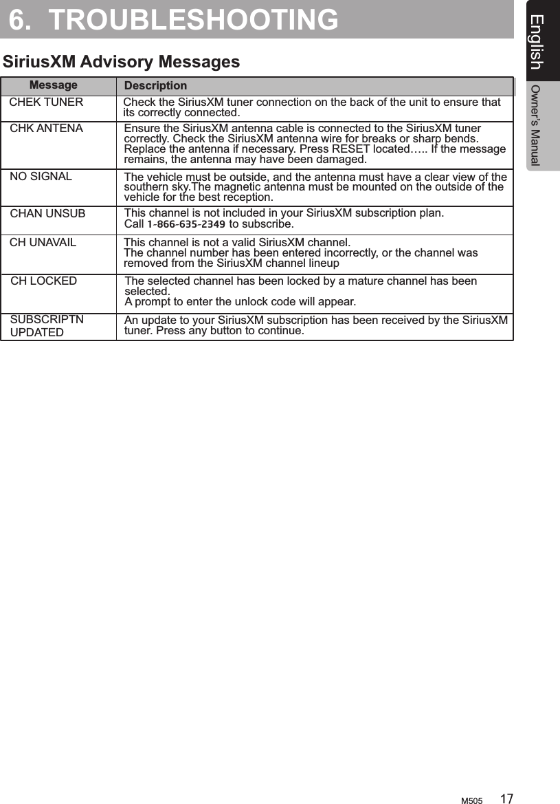 6.  TROUBLESHOOTINGMessageCHEK TUNERCHAN UNSUBCHK ANTENACH UNAVAILNO SIGNALCH LOCKEDSUBSCRIPTNUPDATEDEnsure the SiriusXM antenna cable is connected to the SiriusXM tuner correctly. Check the SiriusXM antenna wire for breaks or sharp bends. Replace the antenna if necessary. Press RESET located….. If the message remains, the antenna may have been damaged.This channel is not a valid SiriusXM channel.The channel number has been entered incorrectly, or the channel was removed from the SiriusXM channel lineupThe vehicle must be outside, and the antenna must have a clear view of the southern sky.The magnetic antenna must be mounted on the outside of the vehicle for the best reception.The selected channel has been locked by a mature channel has been selected.A prompt to enter the unlock code will appear.An update to your SiriusXM subscription has been received by the SiriusXM tuner. Press any button to continue.Check the SiriusXM tuner connection on the back of the unit to ensure that its correctly connected.This channel is not included in your SiriusXM subscription plan.Call 1-866-635-2349 to subscribe.DescriptionSiriusXM Advisory MessagesM505 17English Owner’s Manual