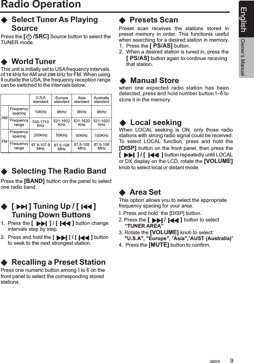 Radio Operation[       ] Tuning Up / [       ] Tuning Down ButtonsSelecting The Radio BandSelect Tuner As Playing SourceWorld Tuner1.  Press the [          ] / [         ] button change      intervals step by step.Press the [BAND] button on the panel to select one radio band.Press the [     /SRC] Source button to select theTUNER mode.This unit is initially set to USA frequency intervals of 10 kHz for AM and 200 kHz for FM. When using it outside the USA, the frequency reception range can be switched to the intervals below.2.  Press and hold the [          ] / [          ] button      to seek to the next strongest station.Recalling a Preset StationPresets ScanPress one numeric button among 1 to 6 on thefront panel to select the corresponding storedstations.Local seekingManual Storewhen one expected radio station has been detected, press and hold number button 1-6 tostore it in the memory.When  LOCAL  seeking  is  ON,  only  those  radiostations with strong radio signal could be received.To select LOCAL function,  press and hold the [DISP] button on the front panel, then press the [          ] / [          ] button repeatedly until LOCAL or DX display on the LCD, rotate the [VOLUME] knob to select local or distant mode.Area SetThis option allows you to select the appropriatefrequency spacing for your area.1. Press and hold  the [DISP] button.2. Press the [         /         ] button to select     “TUNER AREA”3. Rotate the [VOLUME] knob to select:     &quot;U.S.A&quot;, &quot;Europe&quot;, &quot;Asia&quot;,&quot;AUST (Australia)&quot;4.  Press the [MUTE] button to confirm. AMFMFrequencyspacingFrequencyrangeFrequencyspacingFrequencyrangeU.S.AstandardAsiastandardEuropestandard10KHz 9KHz9KHz530-1710KHz531-1620KHz531-1602KHz200KHz 50KHz50KHz87.9-107.9MHz87.5-108MHz87.5-108MHzAustraliastandard9KHz531-1620KHz100KHz87.5-108MHzPreset  scan  receives  the  stations  stored  in preset  memory  in  order.  This  functionis  useful when searching for a desired station in memory.1.  Press the [ PS/AS] button.2.  When a desired station is tuned in, press the     [ PS/AS] button again to continue receving      that station.M505 9English Owner’s Manual