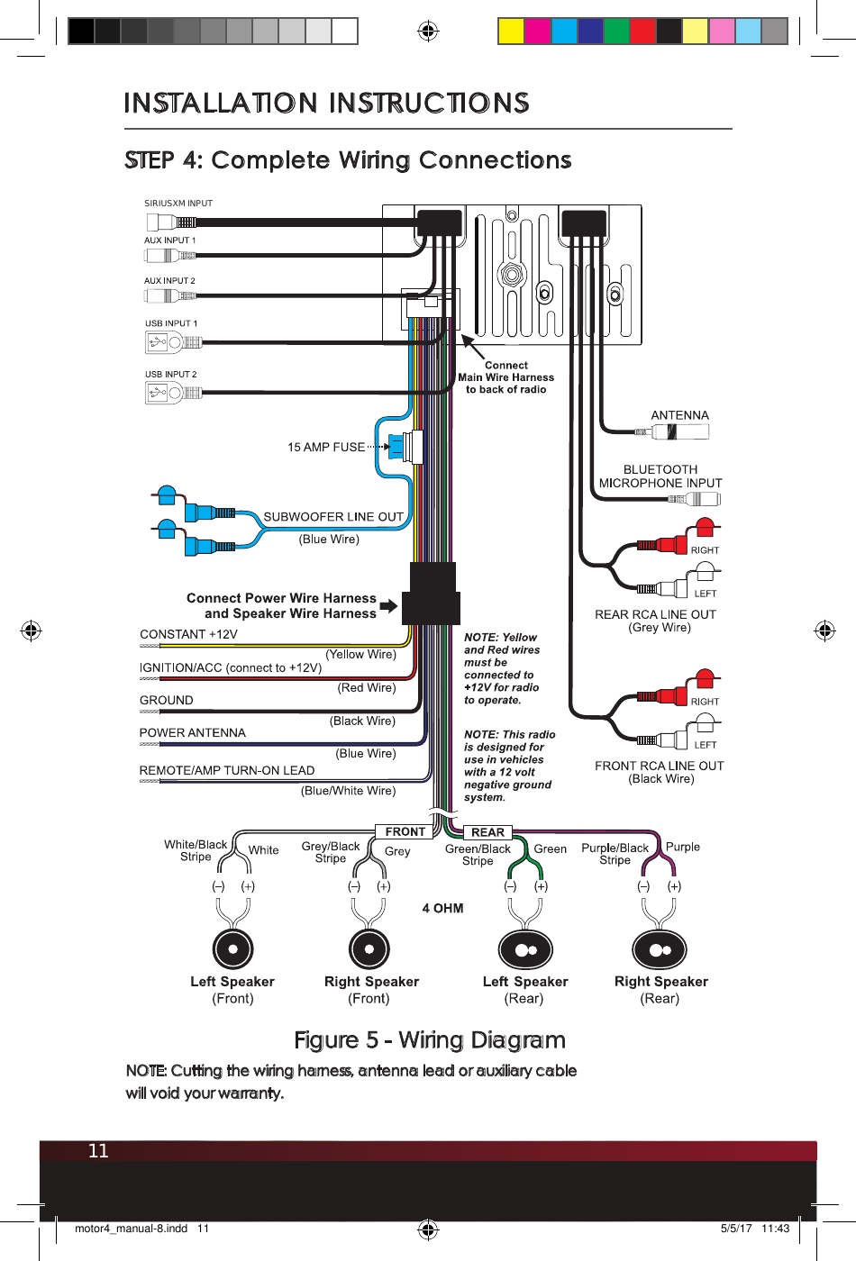 11INSTALLATION INSTRUCTIONSFigure 5 - Wiring DiagramNOTE: Cutting the wiring harness, antenna lead or auxiliary cable  will void your warranty. STEP 4: Complete Wiring ConnectionsSIRIUSXM INPUTmotor4_manual-8.indd   11 5/5/17   11:43