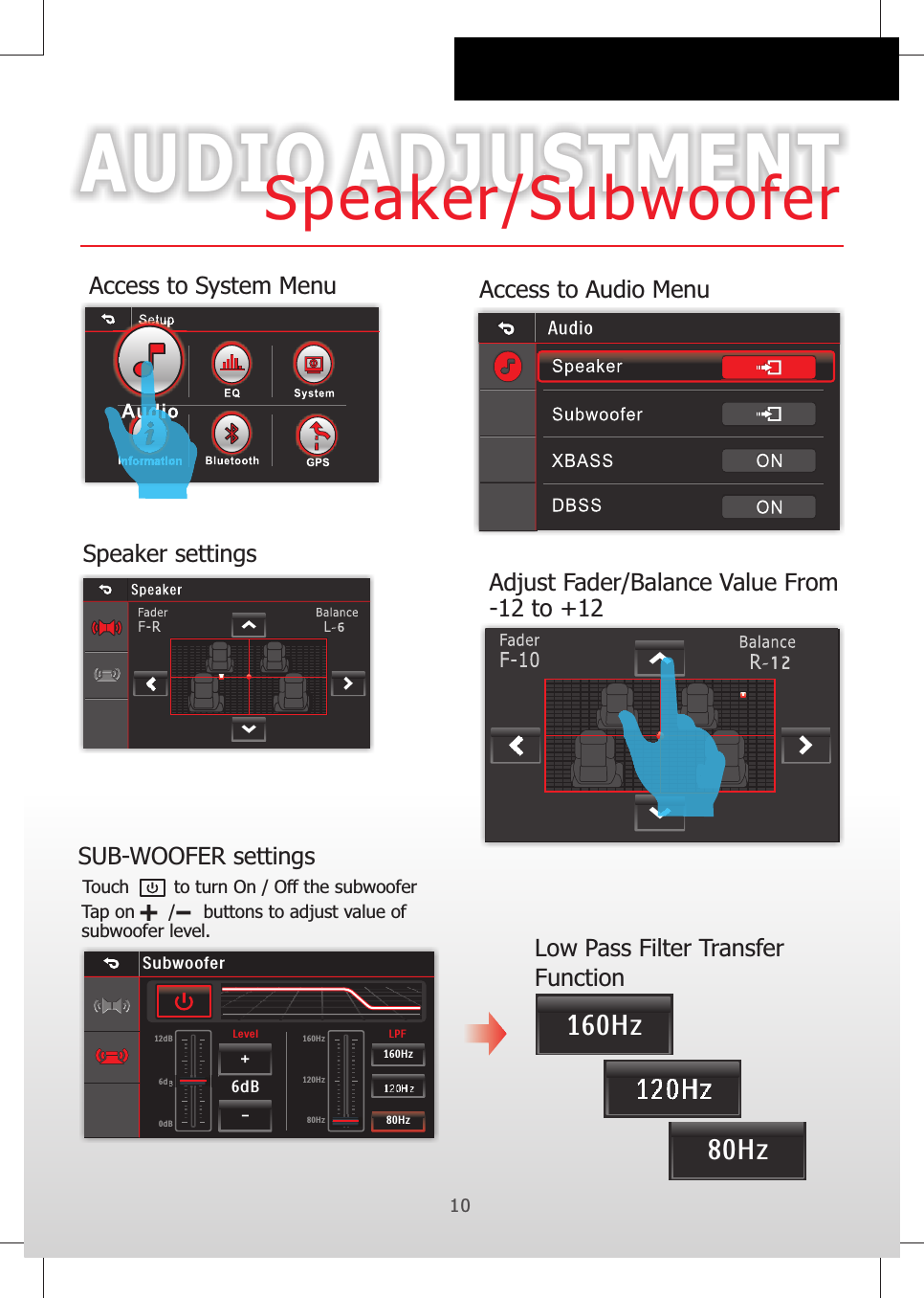 AUDIO ADJUSTMENTSpeaker/SubwooferSpeaker settingsAdjust Fader/Balance Value From -12 to +12Access to Audio MenuAccess to System Menu1080HzTouch        to turn On / Off the subwoofer Tap on      /     buttons to adjust value of subwoofer level.SUB-WOOFER settingsLow Pass Filter Transfer Function160Hz120Hz0dB 80Hz80HzSubwooferLevel6dB12dB LPF160Hz160Hz120Hz120Hz6dB