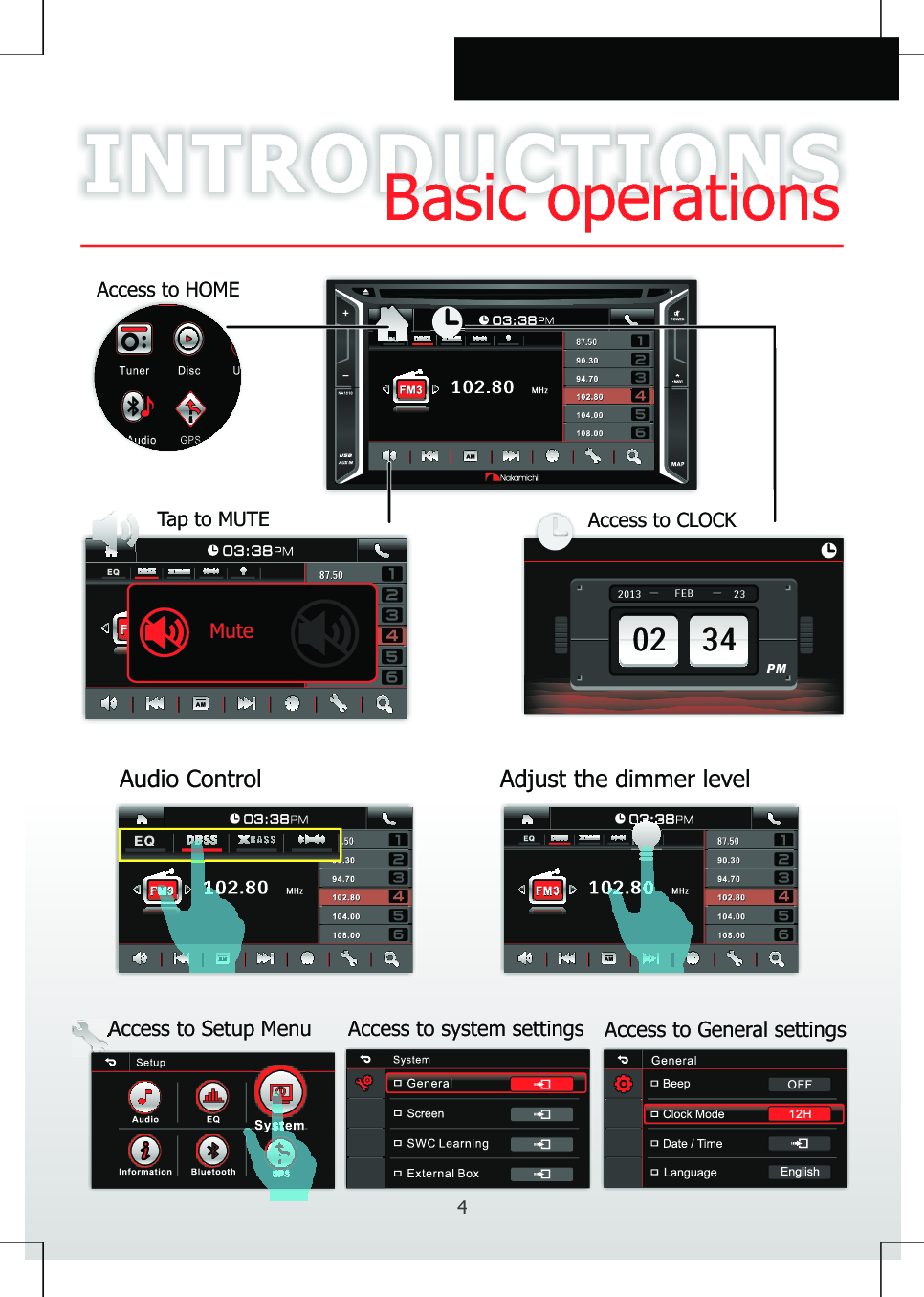 INTRODUCTIONSBasic operations4Access to Setup Menu Access to system settings Access to General settings Adjust the dimmer level Audio ControlPM02 34PM2013 FEB 23Access to CLOCKB A S SB A S SEQAccess to HOMEGPSTap to MUTE