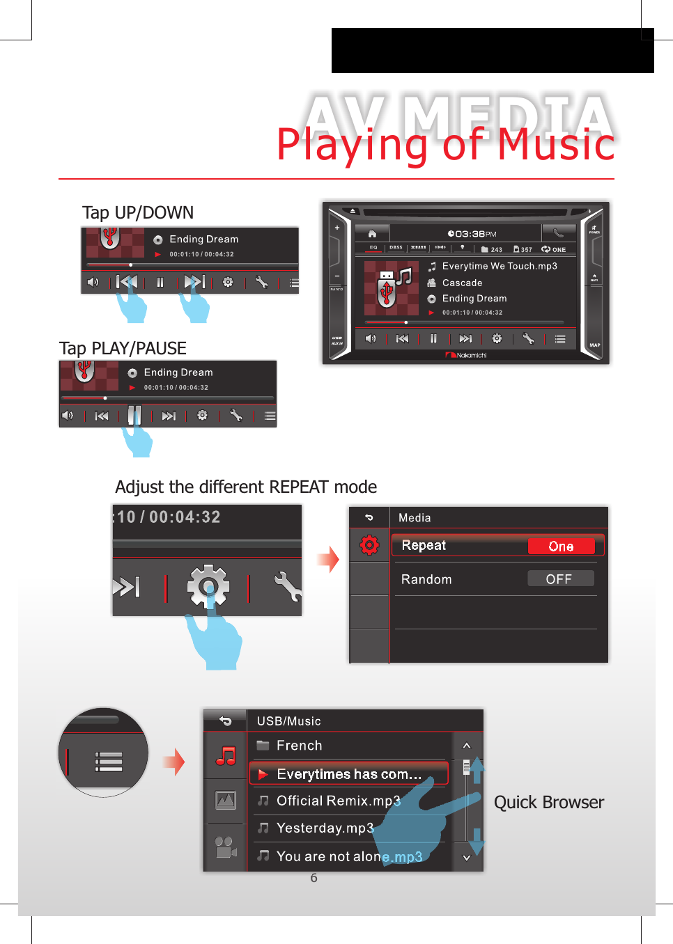 AV MEDIA6 Adjust the different REPEAT modeQuick Browser Tap UP/DOWN Tap PLAY/PAUSEPlaying of Music