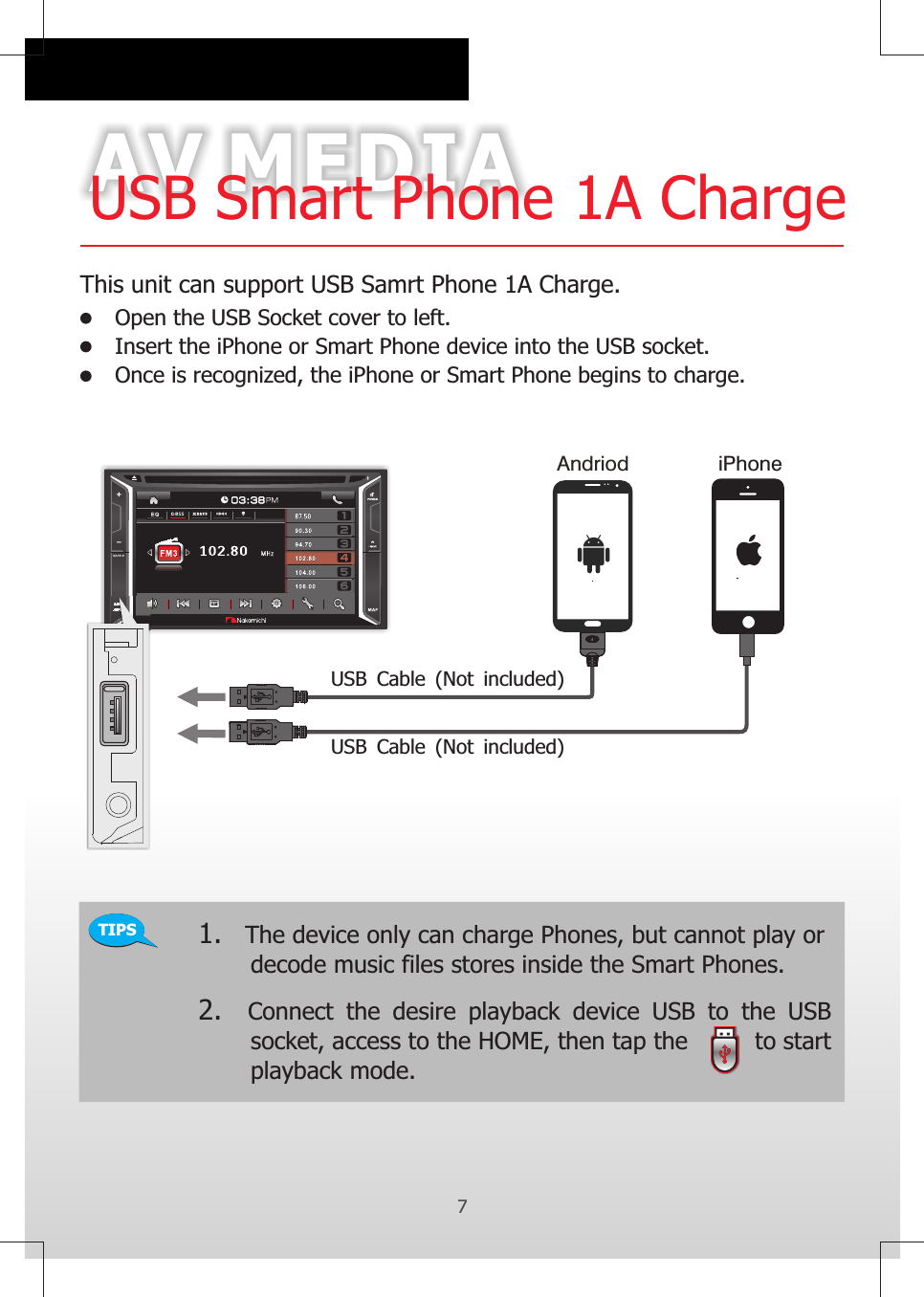 AV MEDIA7USB Smart Phone 1A Charge9This unit can support USB Samrt Phone 1A Charge.       Open the USB Socket cover to left.Insert the iPhone or Smart Phone device into the USB socket.Once is recognized, the iPhone or Smart Phone begins to charge.        TIPS 1.   The device only can charge Phones, but cannot play or        decode music files stores inside the Smart Phones.2.   Connect  the  desire  playback  device  USB  to  the  USB        socket, access to the HOME, then tap the         to start       playback mode.USB Cable (Not included)  Andriod iPhoneUSB Cable (Not included)