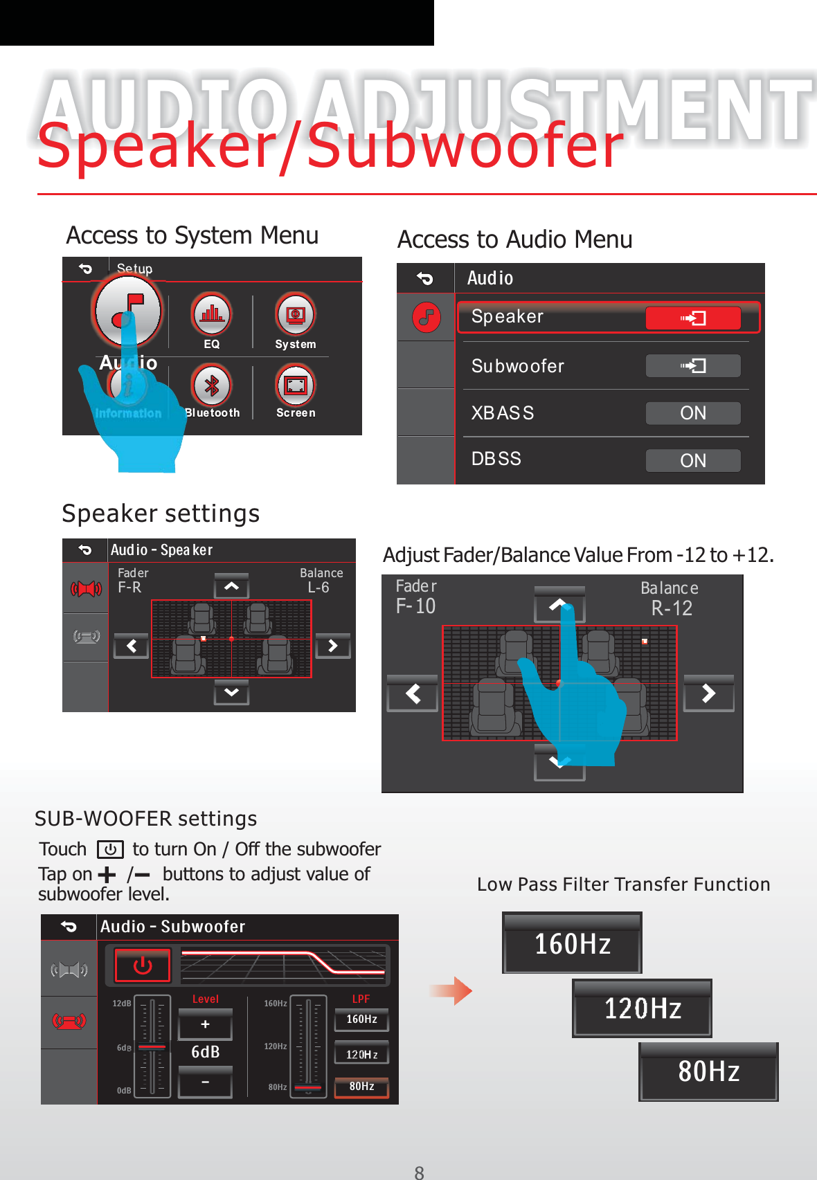 Audio - SubwooferLevel6dB12dB0dBLPF160Hz160Hz120Hz80Hz80Hz120Hz6dBAUDIO ADJUSTMENTSpeaker/Subwoofer8Ba lanc eR-12Fade rF- 10SetupEQEQSyst emSyst emInf ormat ionInformat ionBlue too thBlue too thScreenScreenTouch        to turn On / Off the subwoofer Tap on      /     buttons to adjust value of subwoofer level.Audio Audio BalanceL-6Fad erF-RAud io - Spea kerSUB-WOOFER settingsAud ioDBSSSpeakerSubwo oferXBAS SONONSpeaker settingsLow Pass Filter Transfer FunctionAdjust Fader/Balance Value From -12 to +12.Access to Audio MenuAccess to System Menu160Hz120Hz80Hz