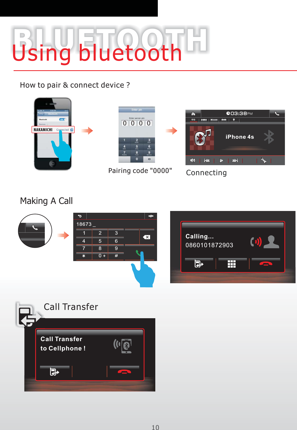 BLUETOOTH10Using bluetoothPairing code &quot;0000&quot;0000How to pair &amp; connect device ?Making A Call#963369#744785582200118673 _NAKAMICHI0 3 :3 8iPhone 4sEQCalling...0860101872903Call Transferto Cellphone !Call TransferConnecting 