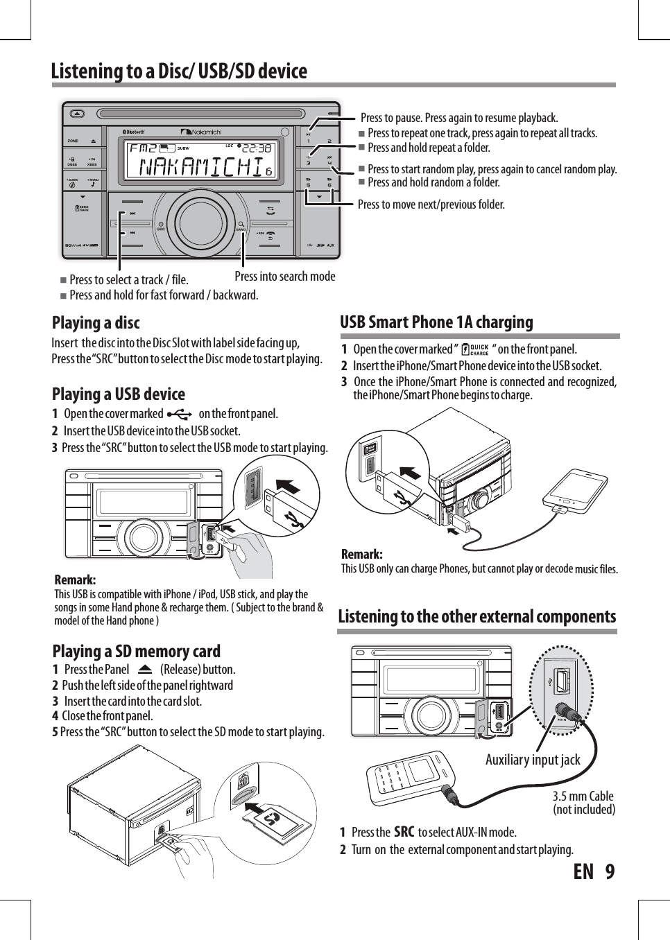 Remark:music  files. This  USB  only  can  charge  Phones,  but  cannot play  or  decode Remark:This  USB  is  compatible  with  iPhone  /  iPod,  USB  stick,  and  play  the songs  in  some  Hand  phone  &amp;   recharge  them.  (  Subject to the brand  &amp; model  of  the  Hand  phone  )Listening  to  a  Disc/  USB/SD  devicePlaying  a  discPlaying  a  USB  deviceInsert   the disc into the Disc Slot with label side  facing up, Press  the “S RC” button to select the  mode  to start pl aying.Disc 1           Open the cover  marked                               on the front panel.2     Insert the USB device into the USB socket. Playing  a  SD  memory  card1     Press the Panel                           (Release) button.3     Insert the card into the card slot.2    Push the left  side  of the panel rightward4    Close the front panel.EN      93    Press  the “SRC”  button  to  select  the  USB  mode  to  start  playing.1           Open the cover  marked ”                               “ on the  front panel.2     Insert the iPhone/Smart Phone device into the USB  socket. 5  Press  the “SRC”  button  to  select  the  SD  mode  to  start  playing.USB  Smart  Phone  1A  charging3    Once  the  iPhone/Smart  Phone  is  connected  and  recognized, the iPhone/Smart Phone begins to charge.Auxiliary  input  jackListening to the other external components 1     Press the   SRC   to select AUX-IN mode.2     Turn   on   the   external  component and start playing.3.5  mm  Cable  (not  included)Press  into  search  modePress  to  select  a  track  /  file.Press  and  hold  for  fast  forward  /  backward.■■Press  to  pause.  Press  again  to  resume  playback.Press  to  start  random  play,  press  again  to  cancel  random  play.■■Press  and  hold  random  a  folder.Press  to  move  next/previous  folder.Press  to  repeat  one  track, press  again  to  repeat  all  tracks.Press  and  hold  repeat a  folder.■■