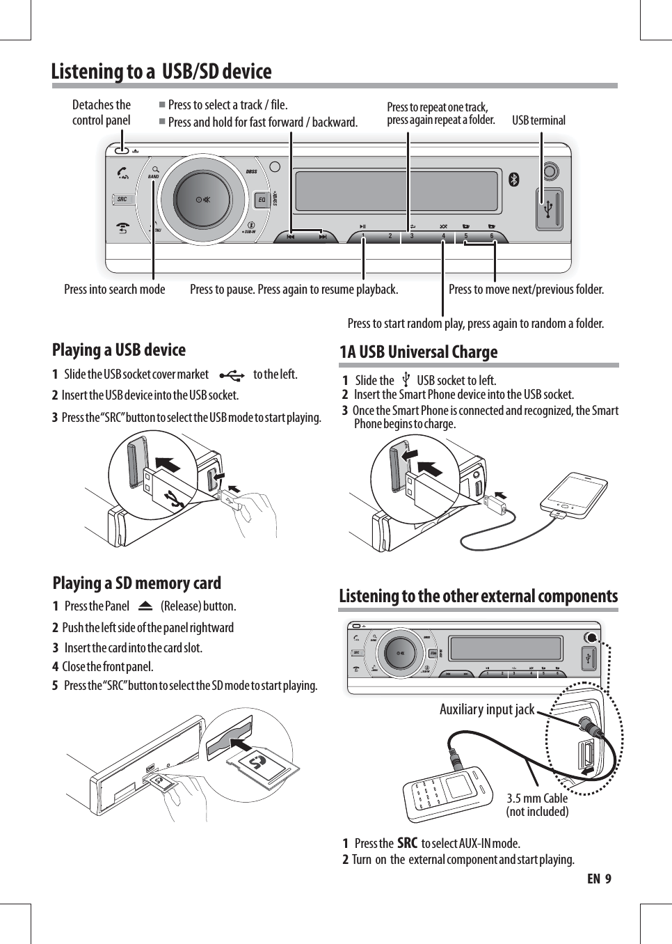 Listening to a  USB/SD deviceMENUSUB-WDBSSXBASSBANDSRC EQ123 456Detaches the control panelPress to select a track / file.Press and hold for fast forward / backward.■■Press into search mode Press to pause. Press again to resume playback.Press to repeat one track, press again repeat a folder.Press to start random play, press again to random a folder.Press to move next/previous folder.USB terminalPlaying a USB device1   Slide the USB socket cover market                    to the left.2  Insert the USB device into the USB socket.Playing a SD memory card1   Press the Panel              (Release) button.3   Insert the card into the card slot.2  Push the left side of the panel rightward4  Close the front panel.3  Press the “SRC” button to select the USB mode to start playing.5   Press the “SRC” button to select the SD mode to start playing.EN  91   Press the  SRC  to select AUX-IN mode.2  Turn  on  the  external component and start playing.1A USB Universal ChargeMENUDBSSXBASSBANDSRCEQ123 456Auxiliary input jack3.5 mm Cable(not included)Listening to the other external componentsSUB-W3  Once the Smart Phone is connected and recognized, the Smart Phone begins to charge.1   Slide the          USB socket to left.2   Insert the Smart Phone device into the USB socket. 