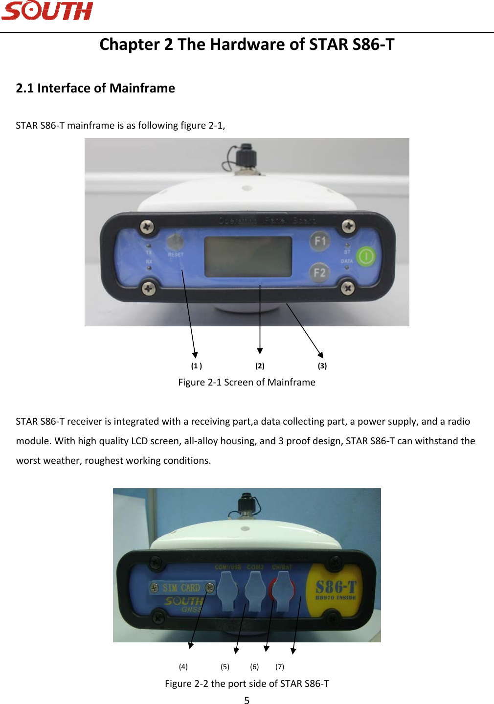   5 Chapter2TheHardwareofSTARS86‐T2.1InterfaceofMainframeSTARS86‐Tmainframeisasfollowingfigure2‐1,(1)(2)(3)Figure2‐1ScreenofMainframeSTARS86‐Treceiverisintegratedwithareceivingpart,adatacollectingpart,apowersupply,andaradiomodule.WithhighqualityLCDscreen,all‐alloyhousing,and3proofdesign,STARS86‐Tcanwithstandtheworstweather,roughestworkingconditions.(4)(5)(6)(7)Figure2‐2theportsideofSTARS86‐T