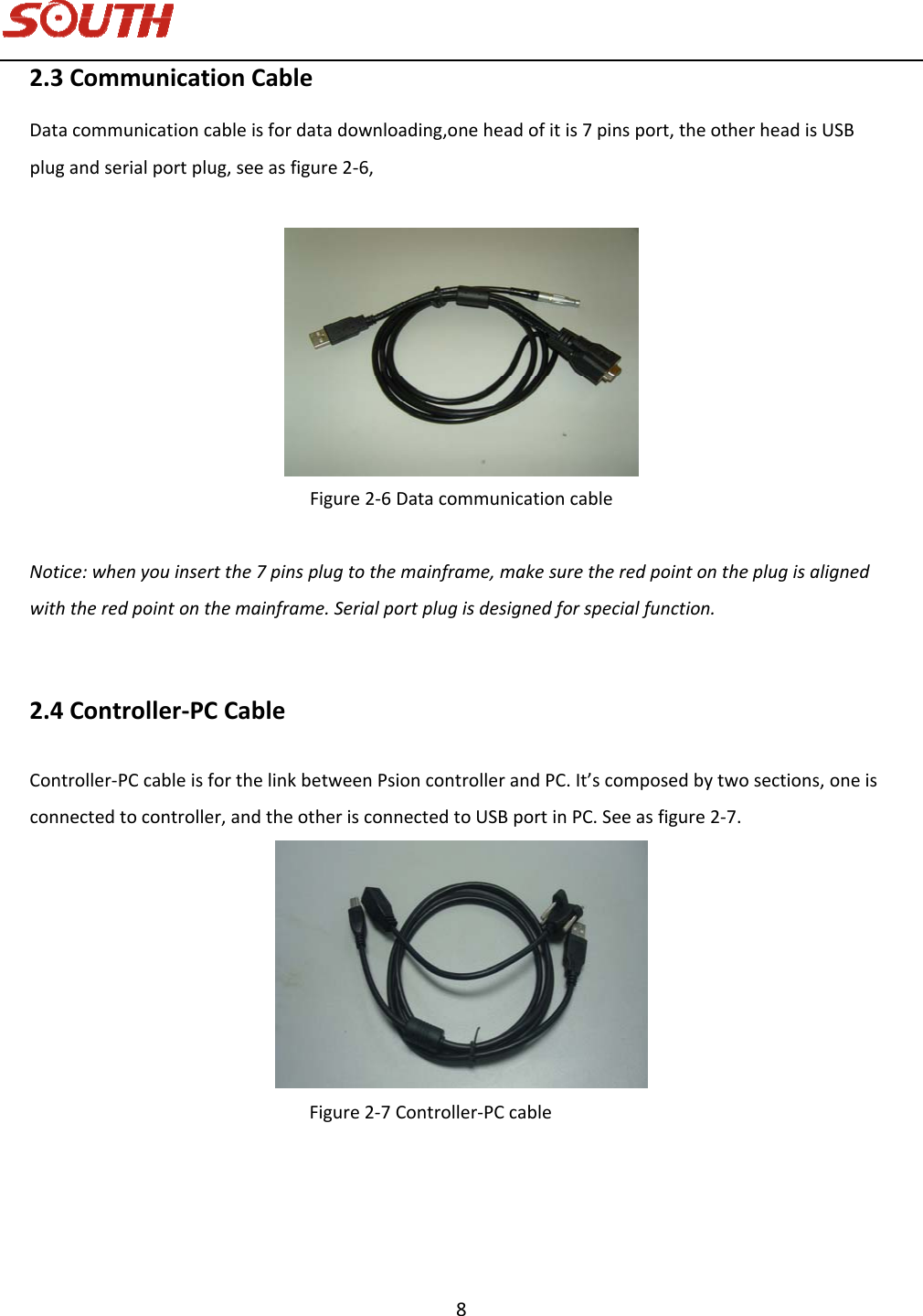   8 2.3CommunicationCableDatacommunicationcableisfordatadownloading,oneheadofitis7pinsport,theotherheadisUSBplugandserialportplug,seeasfigure2‐6,Figure2‐6DatacommunicationcableNotice:whenyouinsertthe7pinsplugtothemainframe,makesuretheredpointontheplugisalignedwiththeredpointonthemainframe.Serialportplugisdesignedforspecialfunction.2.4Controller‐PCCableController‐PCcableisforthelinkbetweenPsioncontrollerandPC.It’scomposedbytwosections,oneisconnectedtocontroller,andtheotherisconnectedtoUSBportinPC.Seeasfigure2‐7.Figure2‐7Controller‐PCcable