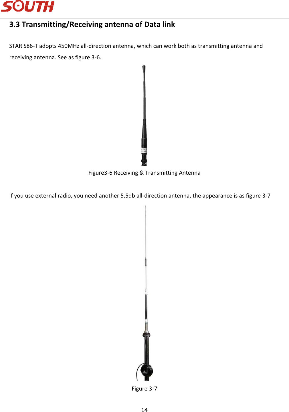   14 3.3Transmitting/ReceivingantennaofDatalinkSTARS86‐Tadopts450MHzall‐directionantenna,whichcanworkbothastransmittingantennaandreceivingantenna.Seeasfigure3‐6.Figure3‐6Receiving&amp;TransmittingAntennaIfyouuseexternalradio,youneedanother5.5dball‐directionantenna,theappearanceisasfigure3‐7Figure3‐7