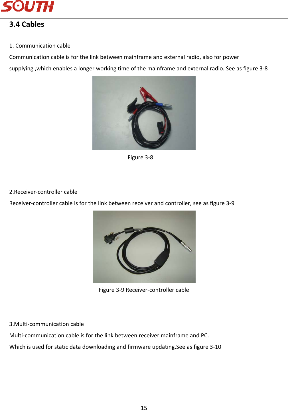   15 3.4Cables1.CommunicationcableCommunicationcableisforthelinkbetweenmainframeandexternalradio,alsoforpowersupplying,whichenablesalongerworkingtimeofthemainframeandexternalradio.Seeasfigure3‐8Figure3‐82.Receiver‐controllercableReceiver‐controllercableisforthelinkbetweenreceiverandcontroller,seeasfigure3‐9Figure3‐9Receiver‐controllercable3.Multi‐communicationcableMulti‐communicationcableisforthelinkbetweenreceivermainframeandPC.Whichisusedforstaticdatadownloadingandfirmwareupdating.Seeasfigure3‐10