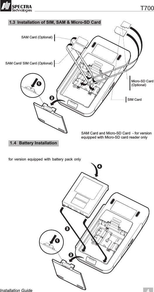    T7004Installation Guide11.4   Battery Installationfor  version  equipped  with  battery  pack  only1.3   Installation of SIM, SAM &amp; Micro-SD CardSAM Card and Micro-SD Card  - for version equipped with Micro-SD card reader only SAM Card (Optional)  SIM Card  Micro-SD Card(Optional)  123124SAM Card/    SIM Card (Optional)