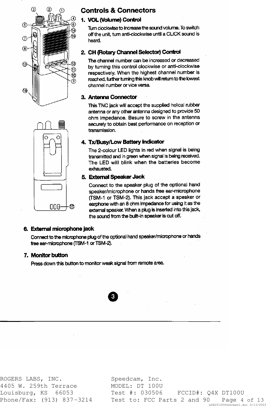 ROGERS LABS, INC.   Speedcam, Inc.    4405 W. 259th Terrace    MODEL: DT 100U Louisburg, KS  66053    Test #: 030506 FCCID#: Q4X DT100U Phone/Fax: (913) 837-3214 Test to: FCC Parts 2 and 90 Page 4 of 13   Q4XDT100UUserman1.doc 5/13/2003  