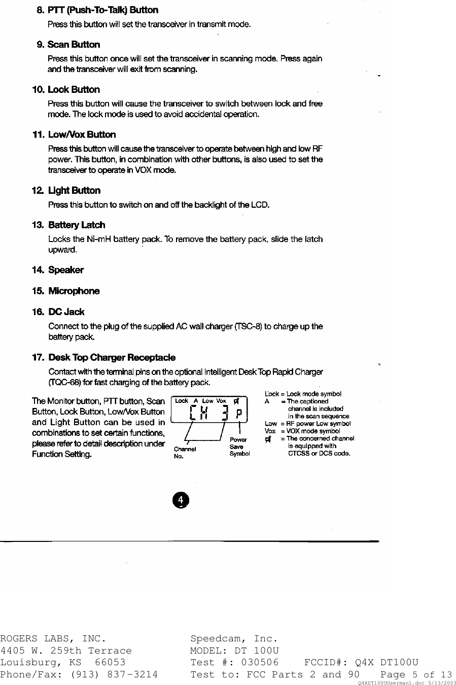 ROGERS LABS, INC.   Speedcam, Inc.    4405 W. 259th Terrace    MODEL: DT 100U Louisburg, KS  66053    Test #: 030506 FCCID#: Q4X DT100U Phone/Fax: (913) 837-3214 Test to: FCC Parts 2 and 90 Page 5 of 13   Q4XDT100UUserman1.doc 5/13/2003  