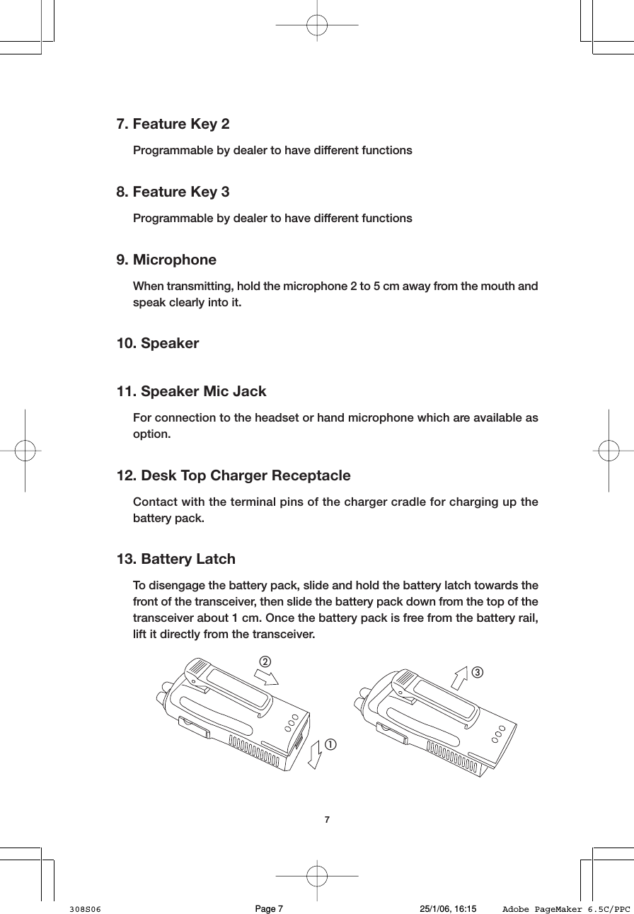 77. Feature Key 2Programmable by dealer to have different functions8. Feature Key 3Programmable by dealer to have different functions9. MicrophoneWhen transmitting, hold the microphone 2 to 5 cm away from the mouth andspeak clearly into it.10. Speaker11. Speaker Mic JackFor connection to the headset or hand microphone which are available asoption.12. Desk Top Charger ReceptacleContact with the terminal pins of the charger cradle for charging up thebattery pack.13. Battery LatchTo disengage the battery pack, slide and hold the battery latch towards thefront of the transceiver, then slide the battery pack down from the top of thetransceiver about 1 cm. Once the battery pack is free from the battery rail,lift it directly from the transceiver.햲햳햴308S06 25/1/06, 16:15Page 7 Adobe PageMaker 6.5C/PPC
