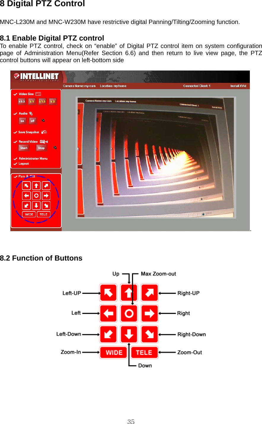  358 Digital PTZ Control  MNC-L230M and MNC-W230M have restrictive digital Panning/Tilting/Zooming function.  8.1 Enable Digital PTZ control To enable PTZ control, check on “enable” of Digital PTZ control item on system configuration page of Administration Menu(Refer Section 6.6) and then return to live view page, the PTZ control buttons will appear on left-bottom side  .    8.2 Function of Buttons    