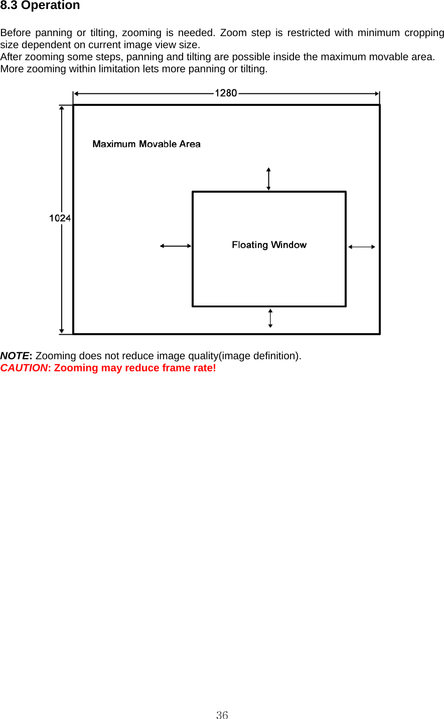  368.3 Operation  Before panning or tilting, zooming is needed. Zoom step is restricted with minimum cropping size dependent on current image view size. After zooming some steps, panning and tilting are possible inside the maximum movable area. More zooming within limitation lets more panning or tilting.    NOTE: Zooming does not reduce image quality(image definition). CAUTION: Zooming may reduce frame rate! 