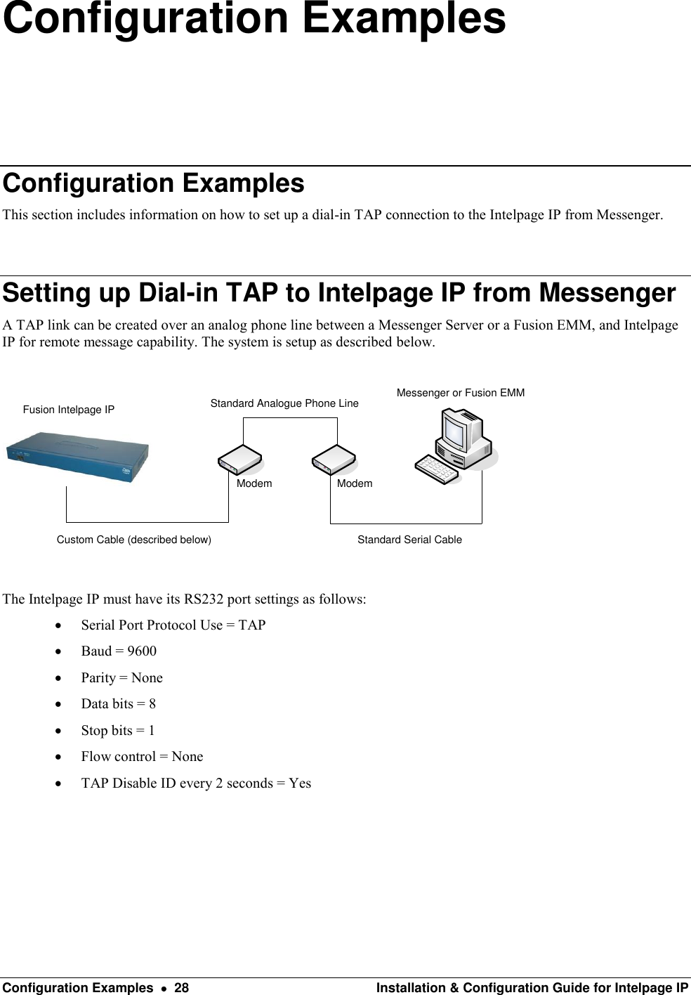  Configuration Examples    28  Installation &amp; Configuration Guide for Intelpage IP Configuration Examples Configuration Examples This section includes information on how to set up a dial-in TAP connection to the Intelpage IP from Messenger.  Setting up Dial-in TAP to Intelpage IP from Messenger A TAP link can be created over an analog phone line between a Messenger Server or a Fusion EMM, and Intelpage IP for remote message capability. The system is setup as described below.  Fusion Intelpage IPCustom Cable (described below) Standard Serial CableMessenger or Fusion EMMStandard Analogue Phone LineModem Modem  The Intelpage IP must have its RS232 port settings as follows:  Serial Port Protocol Use = TAP  Baud = 9600  Parity = None  Data bits = 8  Stop bits = 1  Flow control = None  TAP Disable ID every 2 seconds = Yes       