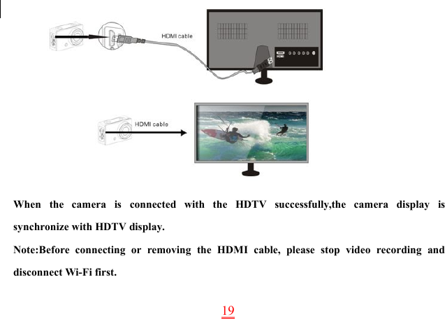 19When the camera is connected with the HDTV successfully,the camera display issynchronize with HDTV display.Note:Before connecting or removing the HDMI cable, please stop video recording anddisconnect Wi-Fi first.