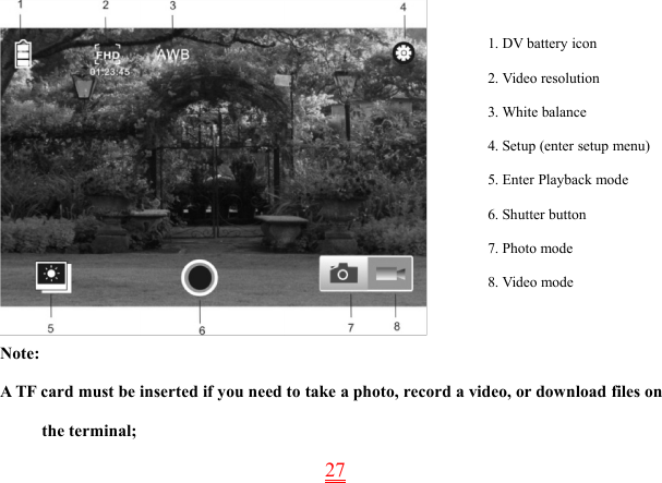 271. DV battery icon2. Video resolution3. White balance4. Setup (enter setup menu)5. Enter Playback mode6. Shutter button7. Photo mode8. Video modeNote:A TF card must be inserted if you need to take a photo, record a video, or download files onthe terminal;