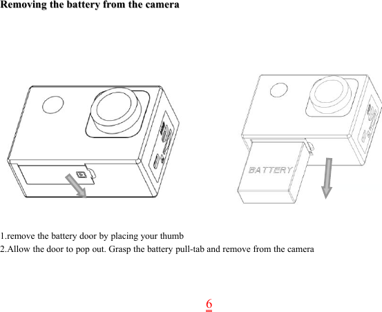 6RemovingRemoving thethe batterybattery fromfrom thethe cameracamera1.remove the battery door by placing your thumb2.Allow the door to pop out. Grasp the battery pull-tab and remove from the camera