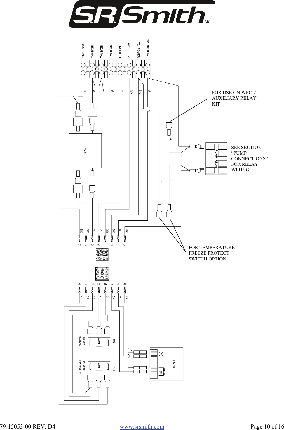  79-15053-00 REV. D4  www.srsmith.com   Page 10 of 16  FOR TEMPERATURE FREEZE PROTECT SWITCH OPTION FOR USE ON WPC-2 AUXILIARY RELAY KIT SEE SECTION “PUMP CONNECTIONS” FOR RELAY WIRING 