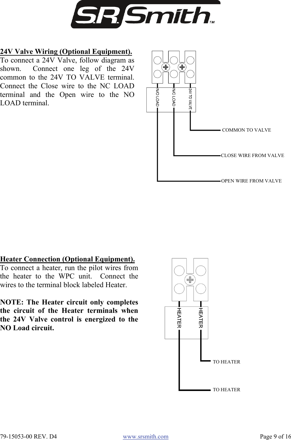  79-15053-00 REV. D4  www.srsmith.com   Page 9 of 16 Heater Connection (Optional Equipment).To connect a heater, run the pilot wires fromthe heater to the WPC unit.  Connect thewires to the terminal block labeled Heater.  NOTE: The Heater circuit only completesthe circuit of the Heater terminals whenthe 24V Valve control is energized to theNO Load circuit. TO HEATER TO HEATER 24V Valve Wiring (Optional Equipment).To connect a 24V Valve, follow diagram asshown.  Connect one leg of the 24Vcommon to the 24V TO VALVE terminal.Connect the Close wire to the NC LOADterminal and the Open wire to the NOLOAD terminal. COMMON TO VALVECLOSE WIRE FROM VALVE OPEN WIRE FROM VALVE 