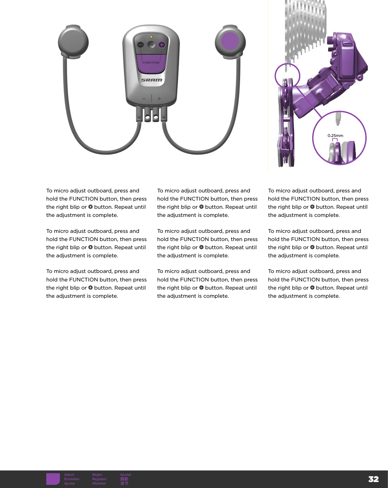 32Adjust Régler AjustarEinstellen Regolare 調節Ajustar Afstellen 调节To micro adjust outboard, press and hold the FUNCTION button, then press the right blip or   button. Repeat until the adjustment is complete.To micro adjust outboard, press and hold the FUNCTION button, then press the right blip or   button. Repeat until the adjustment is complete.To micro adjust outboard, press and hold the FUNCTION button, then press the right blip or   button. Repeat until the adjustment is complete.To micro adjust outboard, press and hold the FUNCTION button, then press the right blip or   button. Repeat until the adjustment is complete.To micro adjust outboard, press and hold the FUNCTION button, then press the right blip or   button. Repeat until the adjustment is complete.To micro adjust outboard, press and hold the FUNCTION button, then press the right blip or   button. Repeat until the adjustment is complete.To micro adjust outboard, press and hold the FUNCTION button, then press the right blip or   button. Repeat until the adjustment is complete.To micro adjust outboard, press and hold the FUNCTION button, then press the right blip or   button. Repeat until the adjustment is complete.To micro adjust outboard, press and hold the FUNCTION button, then press the right blip or   button. Repeat until the adjustment is complete.0.25mm