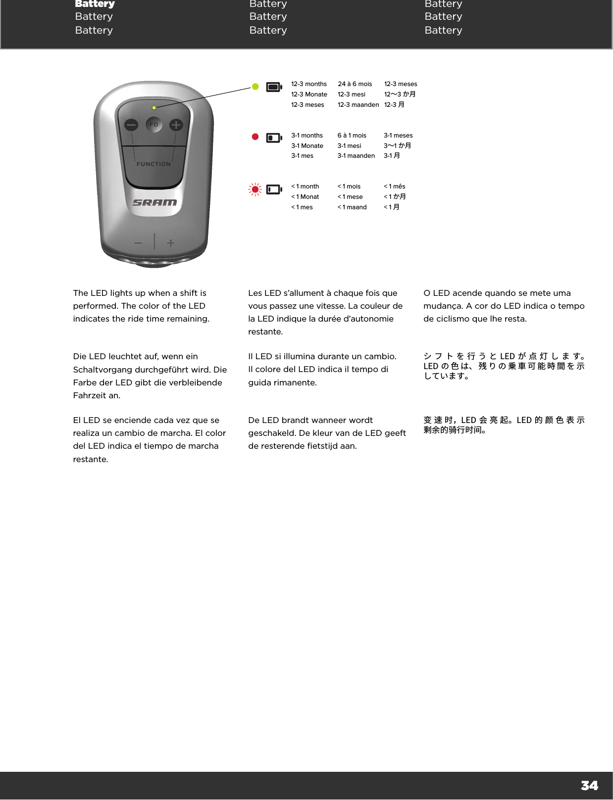 34Battery Battery BatteryBattery Battery BatteryBattery Battery Battery12-3 months12-3 Monate12-3 meses24 à 6 mois12-3 mesi12-3 maanden12-3 meses12～3 か月12-3 月3-1 months3-1 Monate3-1 mes6 à 1 mois3-1 mesi3-1 maanden3-1 meses3～1 か月3-1 月&lt; 1 month&lt; 1 Monat&lt; 1 mes&lt; 1 mois&lt; 1 mese&lt; 1 maand&lt; 1 mês&lt; 1 か月&lt; 1 月The LED lights up when a shift is performed. The color of the LED indicates the ride time remaining.Les LED s’allument à chaque fois que vous passez une vitesse. La couleur de la LED indique la durée d’autonomie restante.O LED acende quando se mete uma mudança. A cor do LED indica o tempo de ciclismo que lhe resta.Die LED leuchtet auf, wenn ein Schaltvorgang durchgeführt wird. Die Farbe der LED gibt die verbleibende Fahrzeit an.Il LED si illumina durante un cambio.  Il colore del LED indica il tempo di  guida rimanente.シフトを行うとLEDが点灯します。 LEDの色は、残りの乗車可能時間を示 しています。El LED se enciende cada vez que se realiza un cambio de marcha. El color del LED indica el tiempo de marcha restante.De LED brandt wanneer wordt geschakeld. De kleur van de LED geeft de resterende fietstijd aan.变 速 时，LED 会 亮 起。LED 的 颜 色 表 示 剩余的骑行时间。