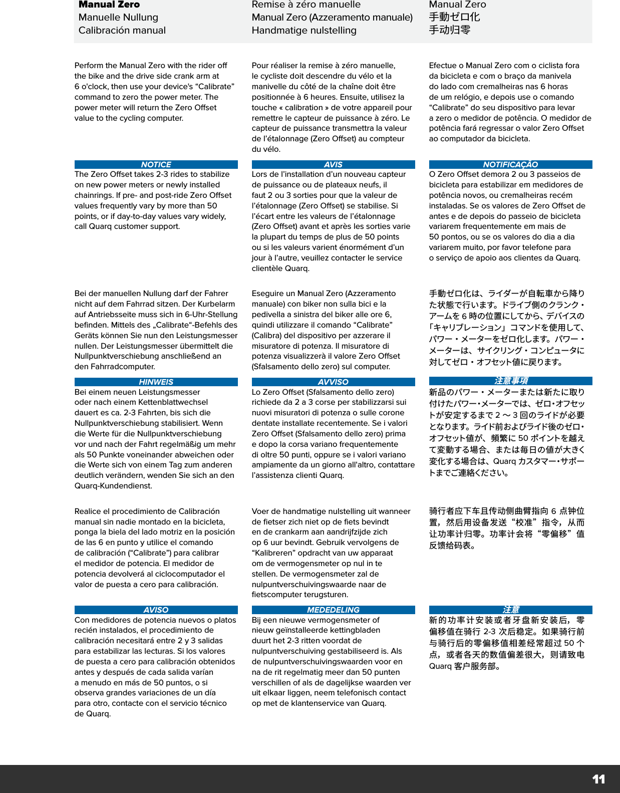 11Manual ZeroRemise à zéro manuelleManual ZeroManuelle NullungManual Zero (Azzeramento manuale)手動ゼロ化Calibración manualHandmatige nulstelling手动归零Perform the Manual Zero with the rider off the bike and the drive side crank arm at 6 o&apos;clock, then use your device&apos;s “Calibrate” command to zero the power meter. The power meter will return the Zero Offset value to the cycling computer.NOTICEThe Zero Offset takes 2-3 rides to stabilize on new power meters or newly installed chainrings. If pre- and post-ride Zero Offset values frequently vary by more than 50 points, or if day-to-day values vary widely, call Quarq customer support. Pour réaliser la remise à zéro manuelle, le cycliste doit descendre du vélo et la manivelle du côté de la chaîne doit être positionnée à 6 heures. Ensuite, utilisez la touche « calibration » de votre appareil pour remettre le capteur de puissance à zéro. Le capteur de puissance transmettra la valeur de l’étalonnage (Zero Offset) au compteur du vélo.AVISLors de l’installation d’un nouveau capteur de puissance ou de plateaux neufs, il faut 2 ou 3 sorties pour que la valeur de l’étalonnage (Zero Offset) se stabilise. Si l’écart entre les valeurs de l’étalonnage (Zero Offset) avant et après les sorties varie la plupart du temps de plus de 50 points ou si les valeurs varient énormément d’un jour à l’autre, veuillez contacter le service clientèle Quarq.Efectue o Manual Zero com o ciclista fora da bicicleta e com o braço da manivela do lado com cremalheiras nas 6 horas de um relógio, e depois use o comando “Calibrate” do seu dispositivo para levar azero o medidor de potência. O medidor de potência fará regressar o valor Zero Offset ao computador da bicicleta.NOTIFICAÇÃOO Zero Offset demora 2 ou 3 passeios de bicicleta para estabilizar em medidores de potência novos, ou cremalheiras recém instaladas. Se os valores de Zero Offset de antes e de depois do passeio de bicicleta variarem frequentemente em mais de 50 pontos, ou se os valores do dia a dia variarem muito, por favor telefone para oserviço de apoio aos clientes da Quarq.Bei der manuellen Nullung darf der Fahrer nicht auf dem Fahrrad sitzen. Der Kurbelarm auf Antriebsseite muss sich in 6-Uhr-Stellung befinden. Mittels des „Calibrate“-Befehls des Geräts können Sie nun den Leistungsmesser nullen. Der Leistungsmesser übermittelt die Nullpunktverschiebung anschließend an den Fahrradcomputer.HINWEISBei einem neuen Leistungsmesser oder nach einem Kettenblattwechsel dauert es ca. 2-3 Fahrten, bis sich die Nullpunktverschiebung stabilisiert. Wenn die Werte für die Nullpunktverschiebung vor und nach der Fahrt regelmäßig um mehr als 50 Punkte voneinander abweichen oder die Werte sich von einem Tag zum anderen deutlich verändern, wenden Sie sich an den Quarq-Kundendienst.Eseguire un Manual Zero (Azzeramento manuale) con biker non sulla bici e la pedivella a sinistra del biker alle ore 6, quindi utilizzare il comando “Calibrate” (Calibra) del dispositivo per azzerare il misuratore di potenza. Il misuratore di potenza visualizzerà il valore Zero Offset (Sfalsamento dello zero) sul computer.AVVISOLo Zero Offset (Sfalsamento dello zero) richiede da 2 a 3 corse per stabilizzarsi sui nuovi misuratori di potenza o sulle corone dentate installate recentemente. Se i valori Zero Offset (Sfalsamento dello zero) prima e dopo la corsa variano frequentemente di oltre 50 punti, oppure se i valori variano ampiamente da un giorno all&apos;altro, contattare l’assistenza clienti Quarq.手動ゼロ化は、ライダーが自転車から降りた 状 態 で 行 い ます。ドライブ 側 の クランク・アームを 6時 の 位 置 に して か ら 、デ バ イス の「 キャリブレ ー ション 」 コ マ ンドを 使 用 して、パワー・メーターをゼロ化します。パワー・メーターは、サイクリング・コンピュータに対してゼロ・オフセット値に戻ります。注意事項新品のパワー・メーターまたは新たに取り付 け た パ ワ ー・メ ー タ ー で は 、 ゼ ロ・オ フ セ ットが安定するまで 2～3回 のライドが 必 要とな ります 。ラ イド 前 お よ び ライド 後 の ゼ ロ・オフ セット 値 が 、 頻 繁 に 50 ポ イント を 越 えて変動する場合、または毎日の値が大きく変化する場合は、Quarq カ ス タ マ ー・サ ポ ートま でご 連 絡くだ さい 。Realice el procedimiento de Calibración manual sin nadie montado en la bicicleta, ponga la biela del lado motriz en la posición de las 6 en punto y utilice el comando de calibración (“Calibrate”) para calibrar el medidor de potencia. El medidor de potencia devolverá al ciclocomputador el valor de puesta a cero para calibración.AVISOCon medidores de potencia nuevos o platos recién instalados, el procedimiento de calibración necesitará entre 2 y 3salidas para estabilizar las lecturas. Si los valores de puesta a cero para calibración obtenidos antes y después de cada salida varían amenudo en más de 50 puntos, osi observa grandes variaciones de un día para otro, contacte con el servicio técnico de Quarq.Voer de handmatige nulstelling uit wanneer de fietser zich niet op de fiets bevindt en de crankarm aan aandrijfzijde zich op 6 uur bevindt. Gebruik vervolgens de “Kalibreren” opdracht van uw apparaat om de vermogensmeter op nul in te stellen. De vermogensmeter zal de nulpuntverschuivingswaarde naar de fietscomputer terugsturen.MEDEDELINGBij een nieuwe vermogensmeter of nieuw geïnstalleerde kettingbladen duurt het 2-3 ritten voordat de nulpuntverschuiving gestabiliseerd is. Als de nulpuntverschuivingswaarden voor en na de rit regelmatig meer dan 50 punten verschillen of als de dagelijkse waarden ver uit elkaar liggen, neem telefonisch contact op met de klantenservice van Quarq.骑行者应下车且传动侧曲臂指向 6 点钟位置，然后用设备发送“校准”指令，从而让功率计归零。功率计会将“零偏移”值反馈给码表。注意新的功率计安装或者牙盘新安装后，零偏移值在骑行 2-3 次后稳定。如果骑行前与骑行后的零偏移值相差经常超过 50 个点，或者各天的数值偏差很大，则请致电 Quarq 客户服务部。