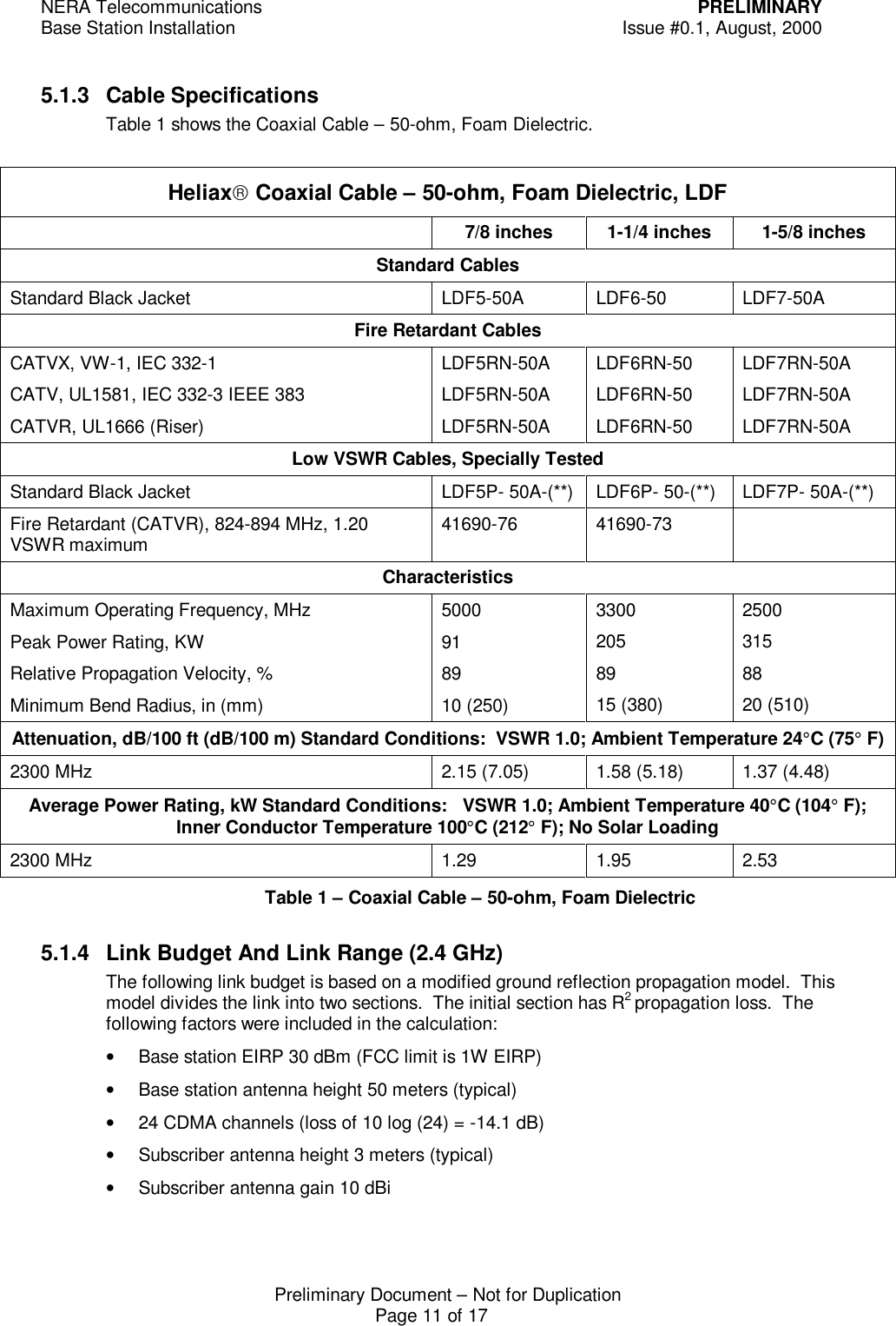 NERA Telecommunications PRELIMINARYBase Station Installation Issue #0.1, August, 2000Preliminary Document &ndash; Not for DuplicationPage 11 of 175.1.3 Cable SpecificationsTable 1 shows the Coaxial Cable &ndash; 50-ohm, Foam Dielectric.Heliax Coaxial Cable &ndash; 50-ohm, Foam Dielectric, LDF7/8 inches 1-1/4 inches 1-5/8 inchesStandard CablesStandard Black Jacket LDF5-50A LDF6-50 LDF7-50AFire Retardant CablesCATVX, VW-1, IEC 332-1CATV, UL1581, IEC 332-3 IEEE 383CATVR, UL1666 (Riser)LDF5RN-50ALDF5RN-50ALDF5RN-50ALDF6RN-50LDF6RN-50LDF6RN-50LDF7RN-50ALDF7RN-50ALDF7RN-50ALow VSWR Cables, Specially TestedStandard Black Jacket LDF5P- 50A-(**) LDF6P- 50-(**) LDF7P- 50A-(**)Fire Retardant (CATVR), 824-894 MHz, 1.20VSWR maximum 41690-76 41690-73CharacteristicsMaximum Operating Frequency, MHzPeak Power Rating, KWRelative Propagation Velocity, %Minimum Bend Radius, in (mm)5000918910 (250)33002058915 (380)25003158820 (510)Attenuation, dB/100 ft (dB/100 m) Standard Conditions:  VSWR 1.0; Ambient Temperature 24&deg;C (75&deg; F)2300 MHz 2.15 (7.05) 1.58 (5.18) 1.37 (4.48)Average Power Rating, kW Standard Conditions:   VSWR 1.0; Ambient Temperature 40&deg;C (104&deg; F);Inner Conductor Temperature 100&deg;C (212&deg; F); No Solar Loading2300 MHz 1.29 1.95 2.53Table 1 &ndash; Coaxial Cable &ndash; 50-ohm, Foam Dielectric5.1.4 Link Budget And Link Range (2.4 GHz)The following link budget is based on a modified ground reflection propagation model.  Thismodel divides the link into two sections.  The initial section has R2 propagation loss.  Thefollowing factors were included in the calculation:&bull; Base station EIRP 30 dBm (FCC limit is 1W EIRP)&bull; Base station antenna height 50 meters (typical)&bull; 24 CDMA channels (loss of 10 log (24) = -14.1 dB)&bull; Subscriber antenna height 3 meters (typical)&bull; Subscriber antenna gain 10 dBi