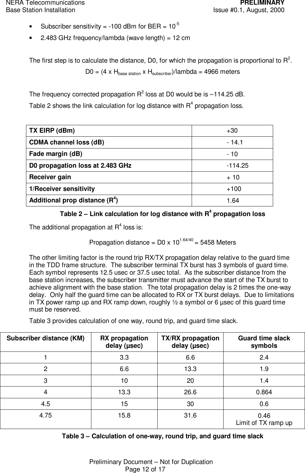 NERA Telecommunications PRELIMINARYBase Station Installation Issue #0.1, August, 2000Preliminary Document &ndash; Not for DuplicationPage 12 of 17&bull; Subscriber sensitivity = -100 dBm for BER = 10-5&bull; 2.483 GHz frequency/lambda (wave length) = 12 cmThe first step is to calculate the distance, D0, for which the propagation is proportional to R2.D0 = (4 x Hbase station x Hsubscriber)/lambda = 4966 metersThe frequency corrected propagation R2 loss at D0 would be is &ndash;114.25 dB.Table 2 shows the link calculation for log distance with R4 propagation loss.TX EIRP (dBm) +30CDMA channel loss (dB) - 14.1Fade margin (dB) - 10D0 propagation loss at 2.483 GHz -114.25Receiver gain + 101/Receiver sensitivity +100Additional prop distance (R4)1.64Table 2 &ndash; Link calculation for log distance with R4 propagation lossThe additional propagation at R4 loss is:Propagation distance = D0 x 101.64/40 = 5458 MetersThe other limiting factor is the round trip RX/TX propagation delay relative to the guard timein the TDD frame structure.  The subscriber terminal TX burst has 3 symbols of guard time.Each symbol represents 12.5 usec or 37.5 usec total.  As the subscriber distance from thebase station increases, the subscriber transmitter must advance the start of the TX burst toachieve alignment with the base station.  The total propagation delay is 2 times the one-waydelay.  Only half the guard time can be allocated to RX or TX burst delays.  Due to limitationsin TX power ramp up and RX ramp down, roughly &frac12; a symbol or 6 &micro;sec of this guard timemust be reserved.Table 3 provides calculation of one way, round trip, and guard time slack.Subscriber distance (KM) RX propagationdelay (&micro;sec) TX/RX propagationdelay (&micro;sec) Guard time slacksymbols13.3 6.6 2.426.6 13.3 1.93 10 20 1.4413.3 26.6 0.8644.5 15 30 0.64.75 15.8 31.6 0.46Limit of TX ramp upTable 3 &ndash; Calculation of one-way, round trip, and guard time slack