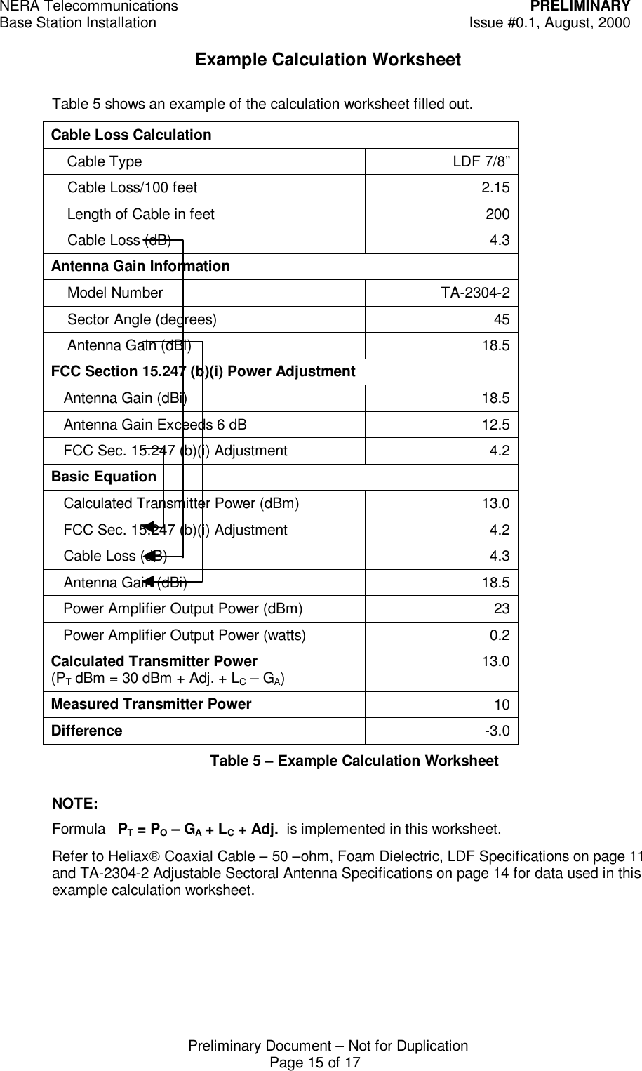 NERA Telecommunications PRELIMINARYBase Station Installation Issue #0.1, August, 2000Preliminary Document &ndash; Not for DuplicationPage 15 of 17Example Calculation WorksheetTable 5 shows an example of the calculation worksheet filled out.Cable Loss Calculation    Cable Type LDF 7/8&rdquo;    Cable Loss/100 feet 2.15    Length of Cable in feet 200    Cable Loss (dB) 4.3Antenna Gain Information    Model Number TA-2304-2    Sector Angle (degrees) 45    Antenna Gain (dBi) 18.5FCC Section 15.247 (b)(i) Power Adjustment   Antenna Gain (dBi) 18.5   Antenna Gain Exceeds 6 dB 12.5   FCC Sec. 15.247 (b)(i) Adjustment 4.2Basic Equation   Calculated Transmitter Power (dBm) 13.0   FCC Sec. 15.247 (b)(i) Adjustment 4.2   Cable Loss (dB) 4.3   Antenna Gain (dBi) 18.5   Power Amplifier Output Power (dBm) 23   Power Amplifier Output Power (watts) 0.2Calculated Transmitter Power(PT dBm = 30 dBm + Adj. + LC &ndash; GA)13.0Measured Transmitter Power 10Difference -3.0Table 5 &ndash; Example Calculation WorksheetNOTE:Formula   PT = PO &ndash; GA + LC + Adj.  is implemented in this worksheet.Refer to Heliax Coaxial Cable &ndash; 50 &ndash;ohm, Foam Dielectric, LDF Specifications on page 11and TA-2304-2 Adjustable Sectoral Antenna Specifications on page 14 for data used in thisexample calculation worksheet.